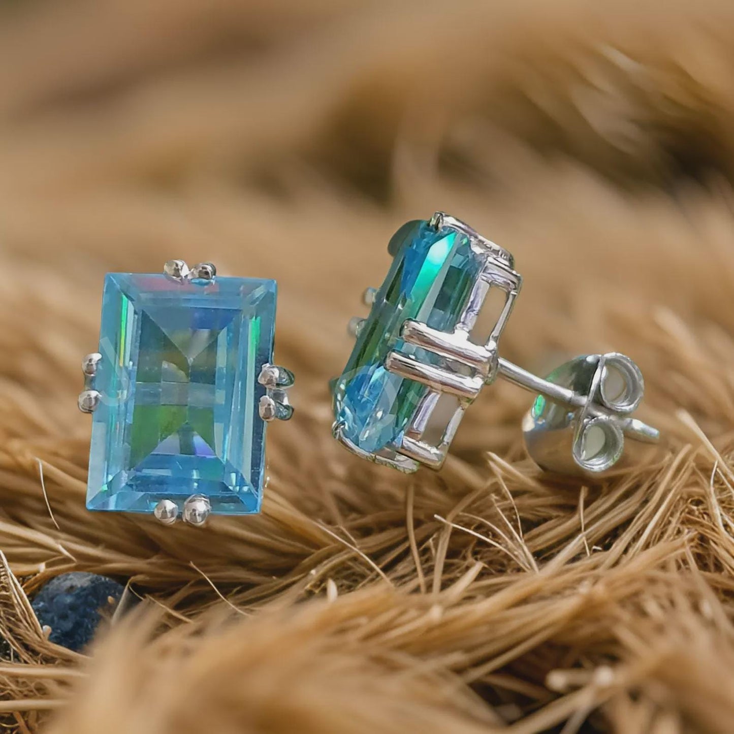 Radiant Cut 4Ct  Blue Topaz Diamond Prong set Solitaire Earrings 14k White Gold Over Stud Earring, Prong Setting Stud ,Gift Fir Her