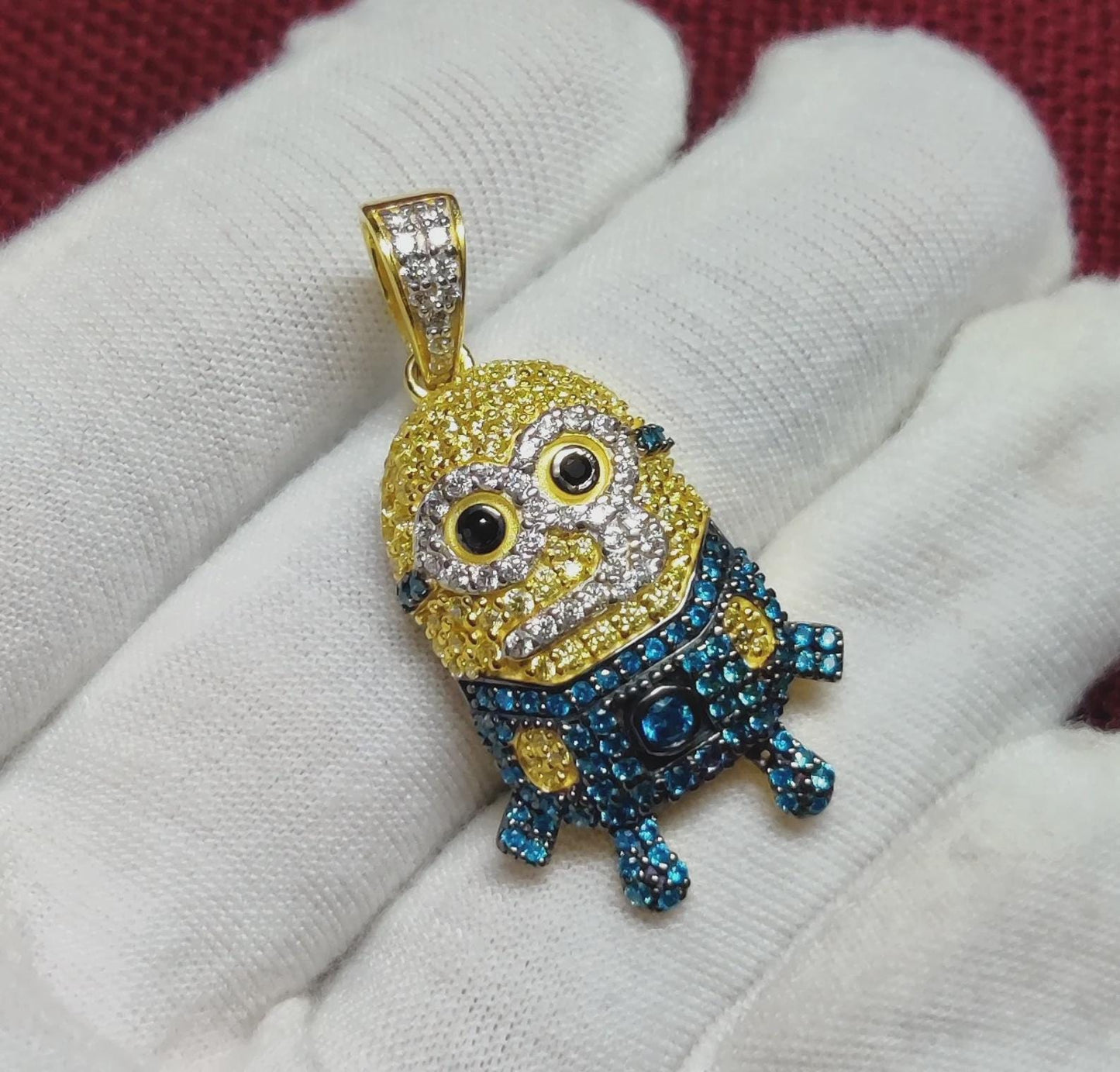 3Ct Round Cut Simulated Diamond Multi- Color Cartoon Pendant Cartoon Face 14K Yellow Gold Plated Free Chain 18" 925 Silver