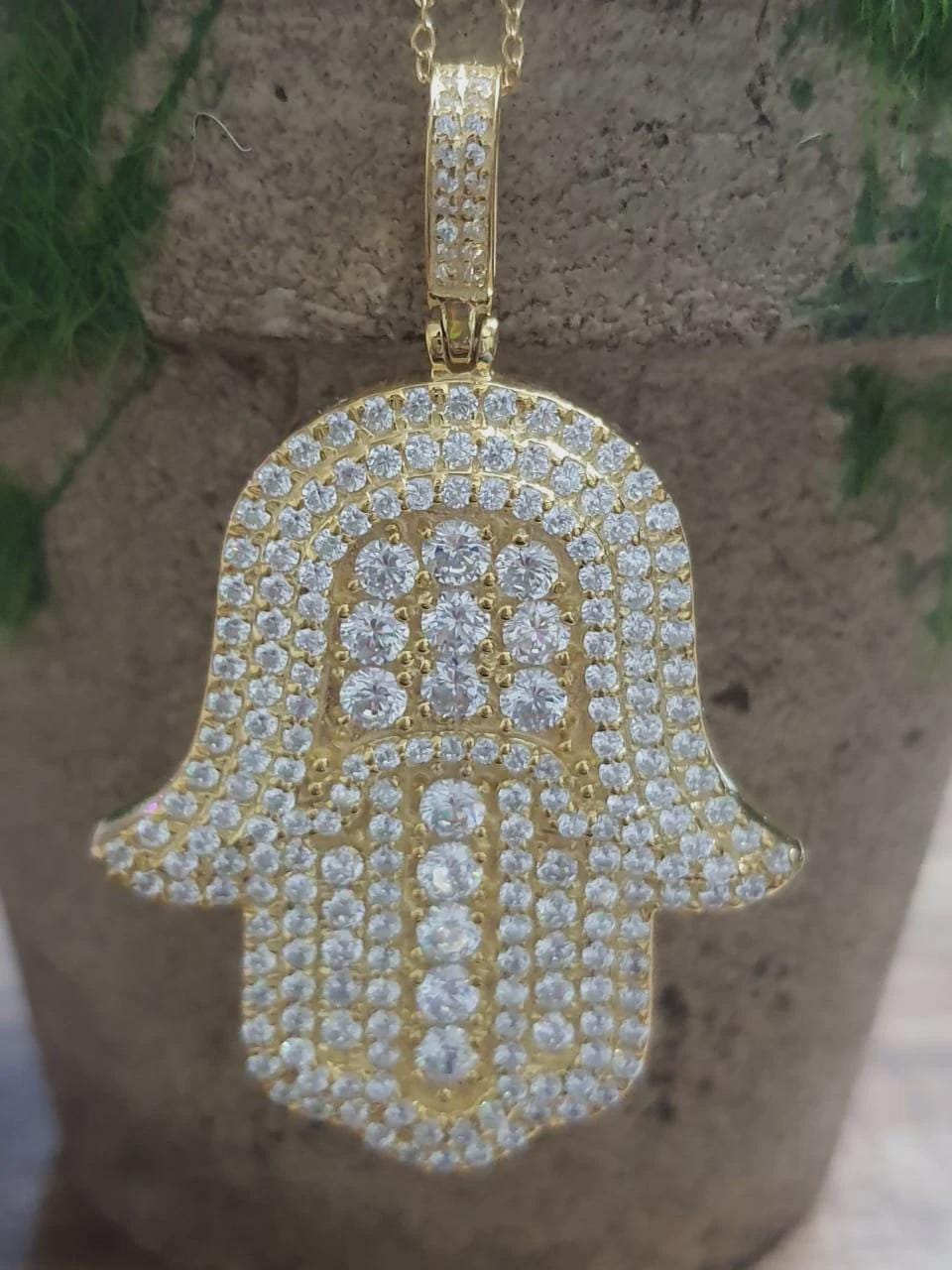 2CT Round Cut Pave Diamond Hamsa Hand Pendant 14K Yellow Gold Finish with free chain