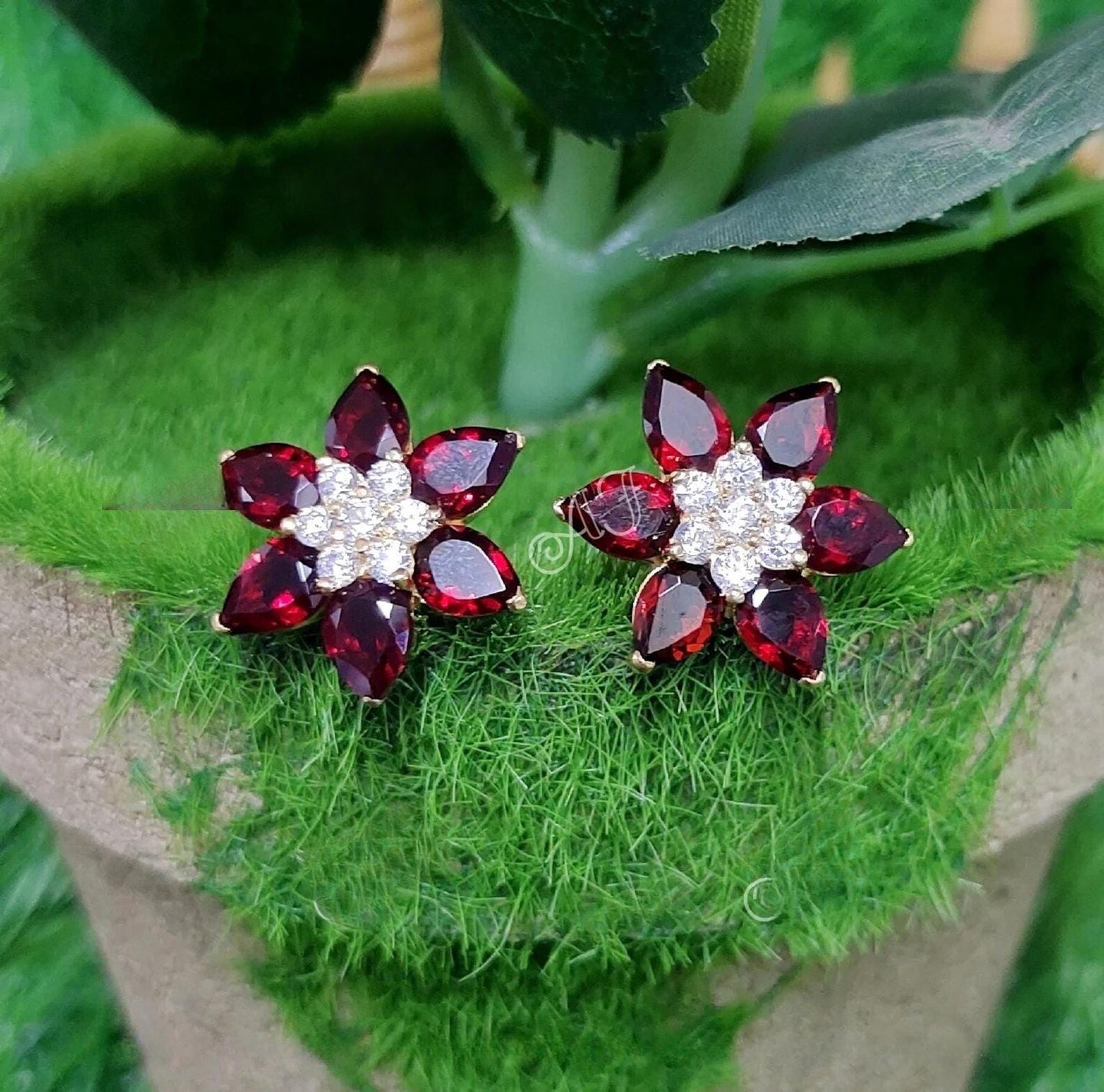 1.20Ct Red Garnet Earrings Lab-Created Pear Cut Red Garnet Cluster Flower Stud Earrings 14K Yellow Gold Finish Woman's Garnet Stud Earrings