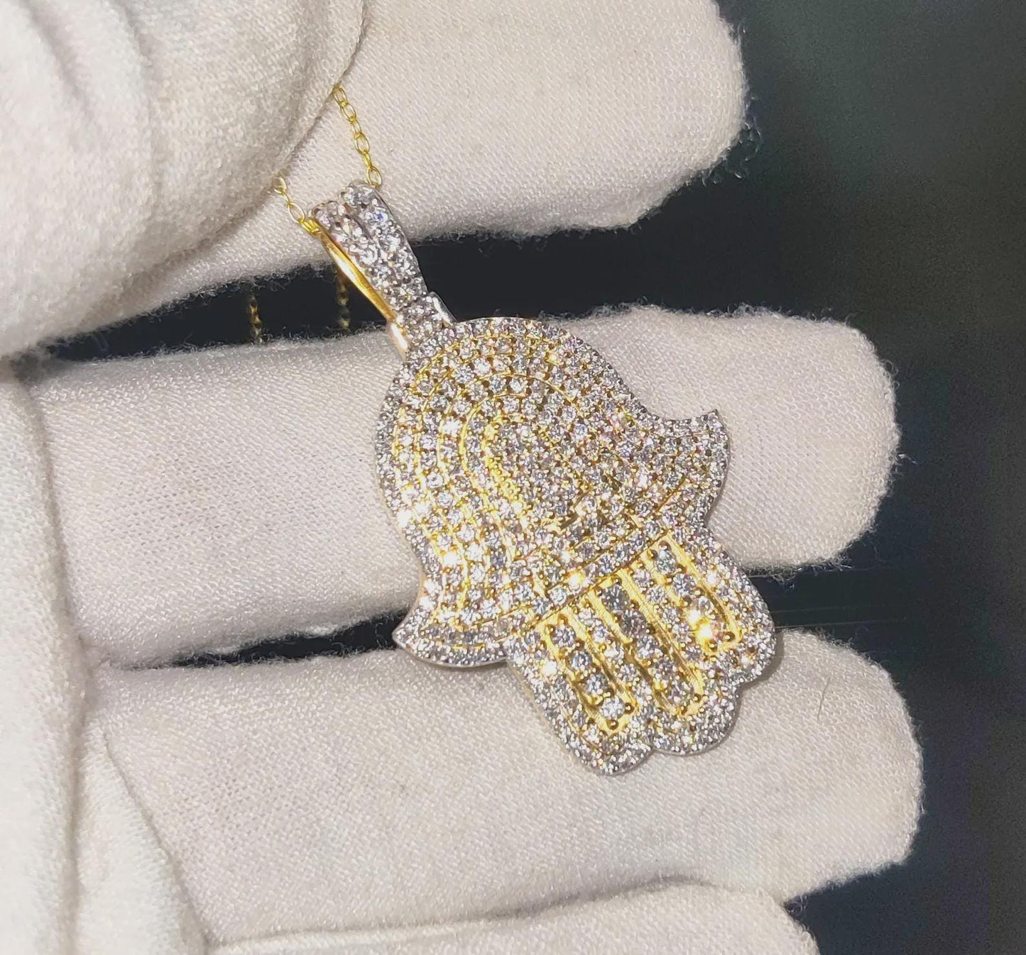 2Ct Round Cut Simulated White Diamond Hamsa Pendant  14K Yellow Gold Finish Free Chain 925 Sterling Silver