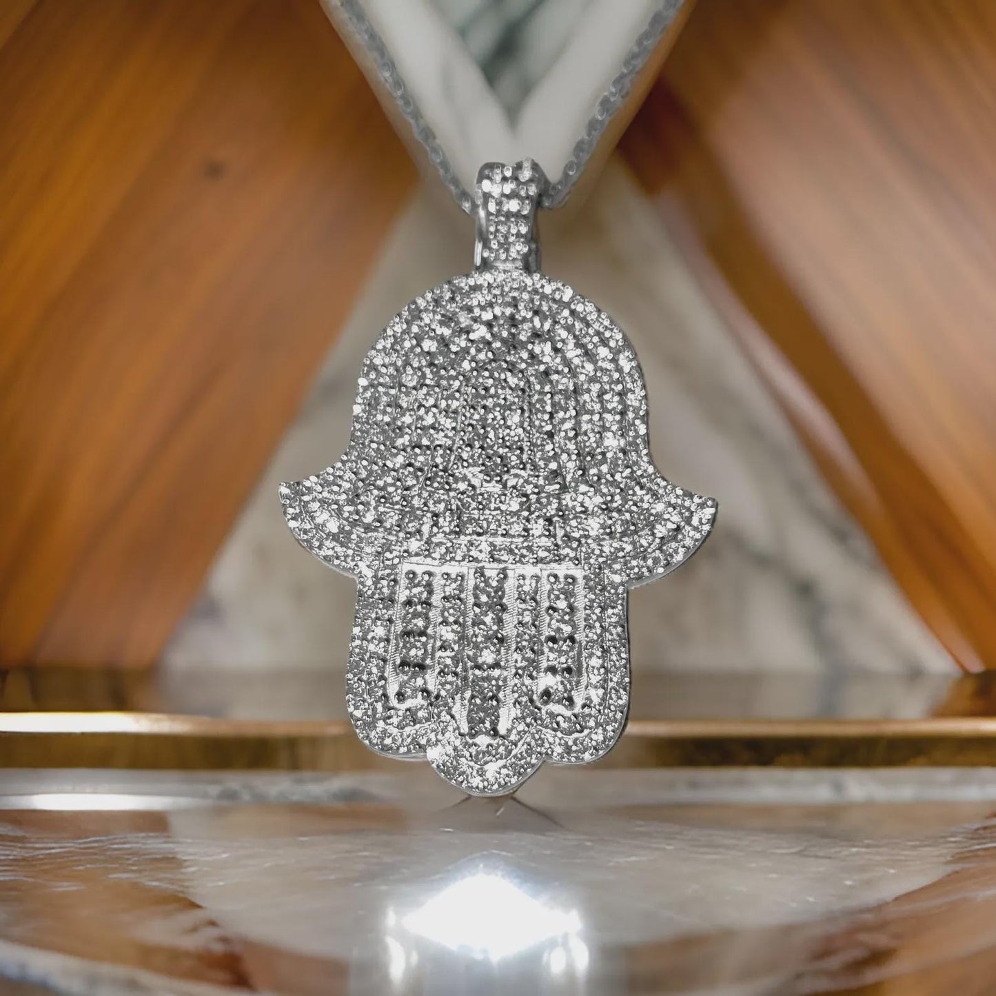 2Ct Round Cut Simulated White Diamond Hamsa Pendant  14K White Gold Finish Free Chain 925 Sterling Silver