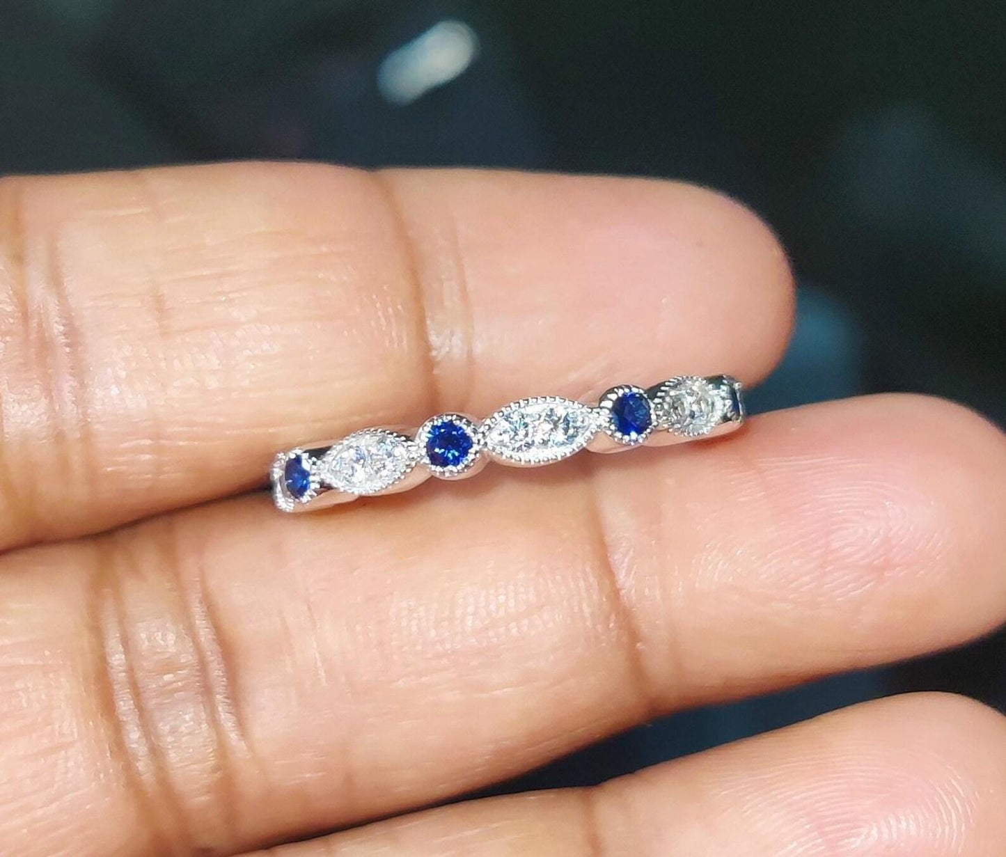 0.50Ct Round Cut Sapphire Band Ring Sapphire Engagement Anniversary Wedding Band Ring 14K White Gold Finish 925 Silver Diamond Band