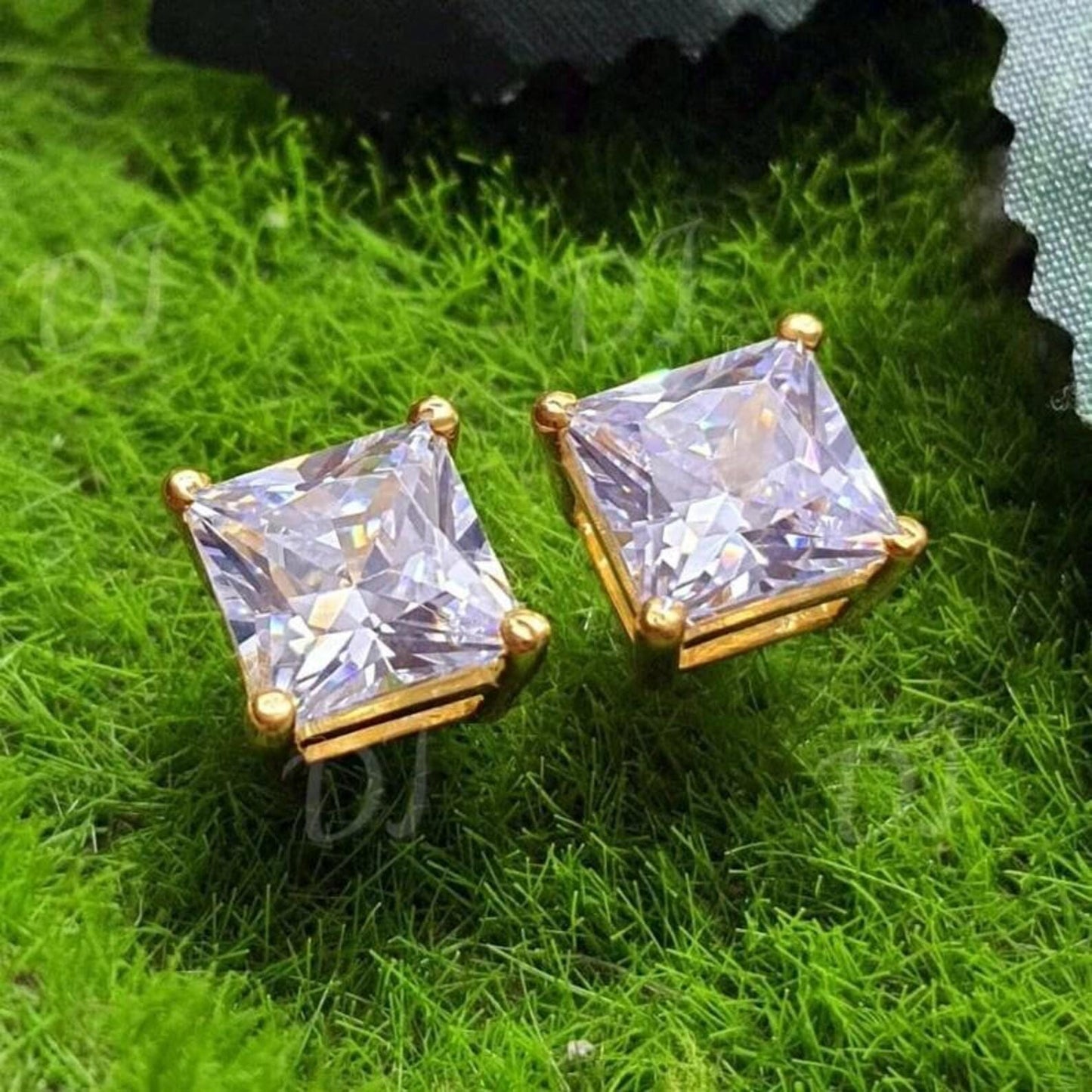 8mm Princess Cut Prong Stud Earrings Simulated Diamond Earrings 14K Yellow Gold Finish 925 Silver Prong Setting Earring,Gift For Anniversary