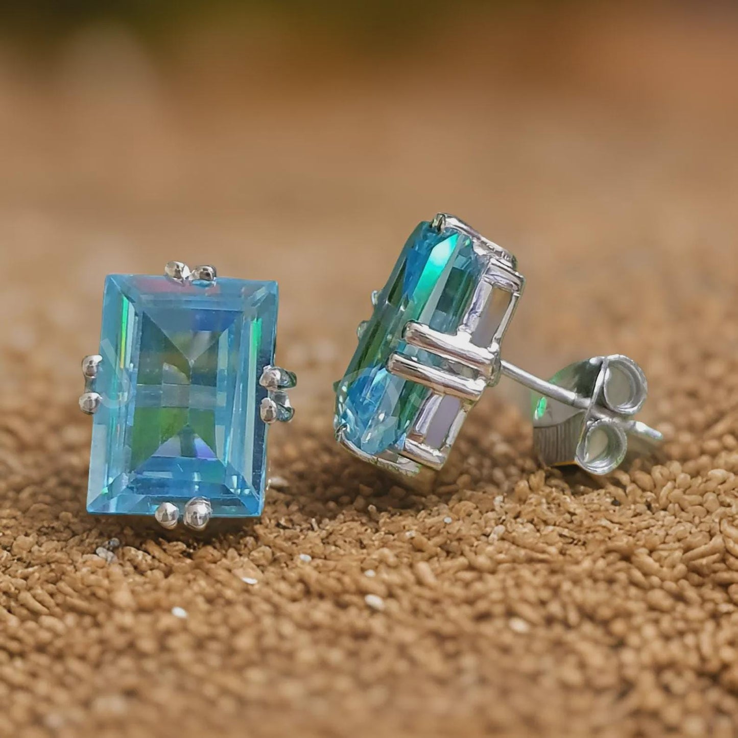 Radiant Cut 4Ct  Blue Topaz Diamond Prong set Solitaire Earrings 14k White Gold Over Stud Earring, Prong Setting Stud ,Gift Fir Her