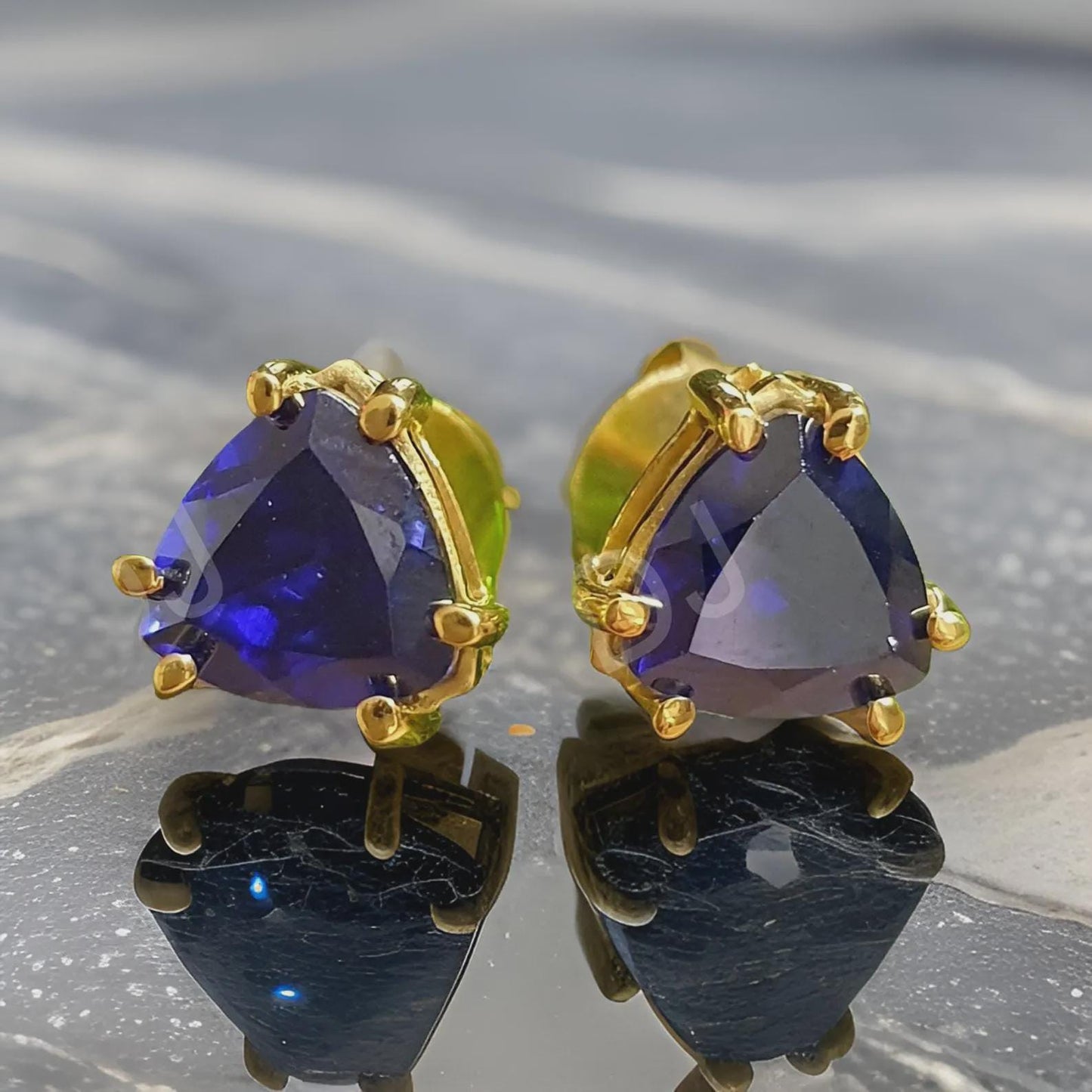 2Ct Trillion Cut Sapphire Stud Blue Sapphire Diamond 14K Yellow Gold Finish Halo Stud Earrings 925 Sterling Silver Gift For Birthday.