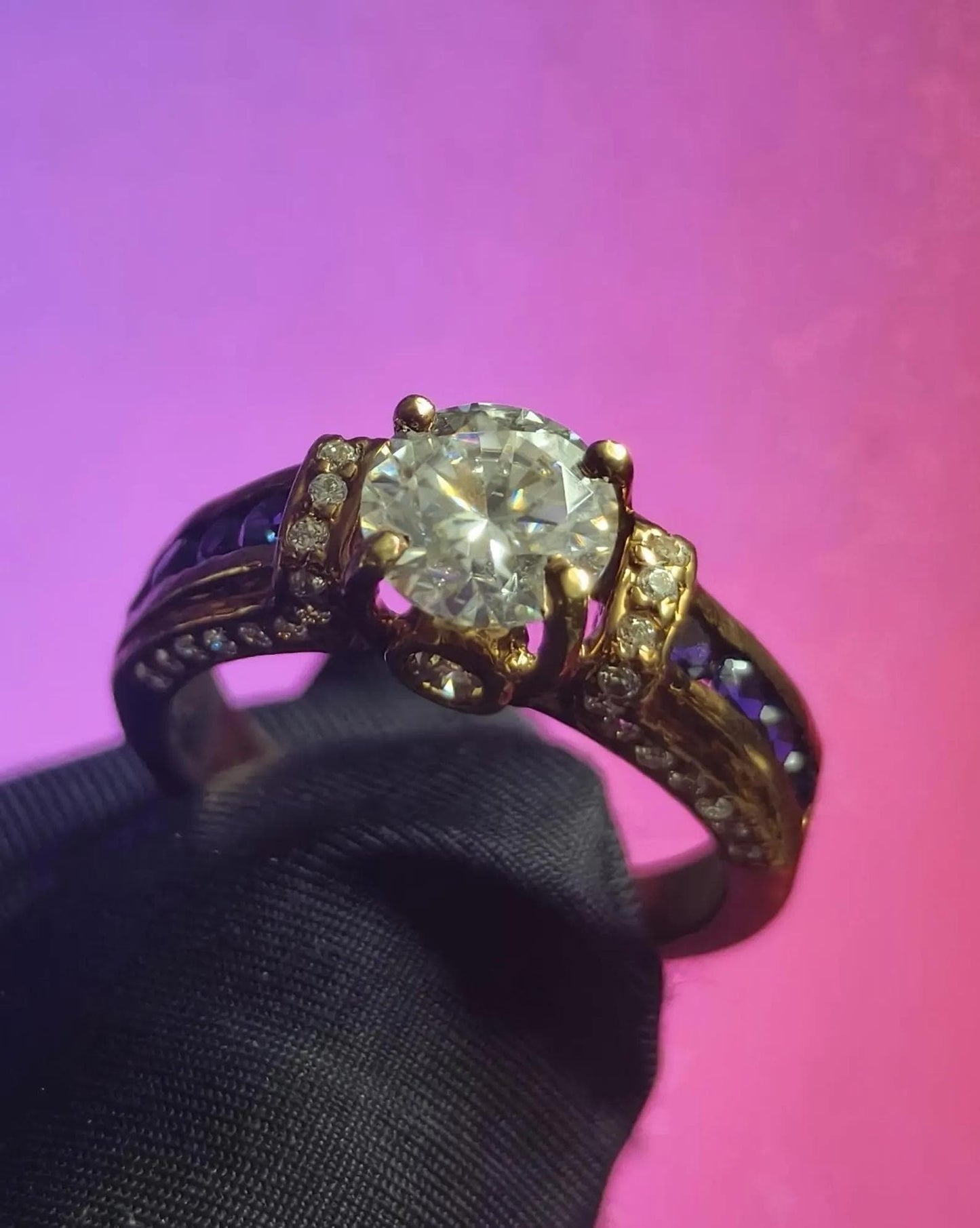 Round Cut Simulated Diamond & Blue Tanzanite Solitaire Engagement Ring  14K Yellow Gold Plated, Silver, Anniversary Ring, Wedding Band Ring