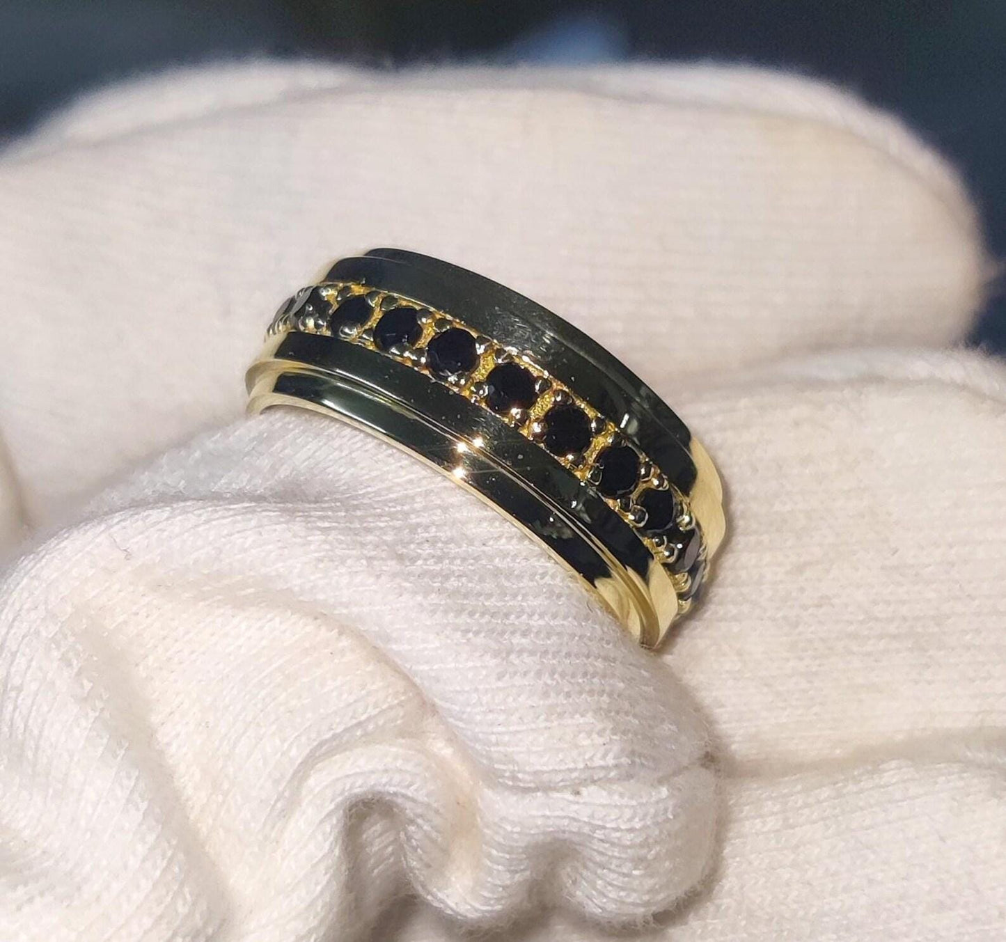 2Ct Round Cut Simulated Wedding Band Ring  Black Diamond Engagement Anniversary Wedding Band Ring 14K Yellow Gold Finish 925 Silver