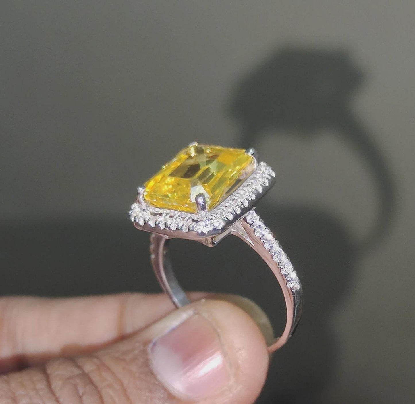 2.50Ct Emerald Cut Yellow Citrine Engagement Anniversary Promise Halo Women Engagement Wedding Band Ring 14K White Gold Over Gift For Her