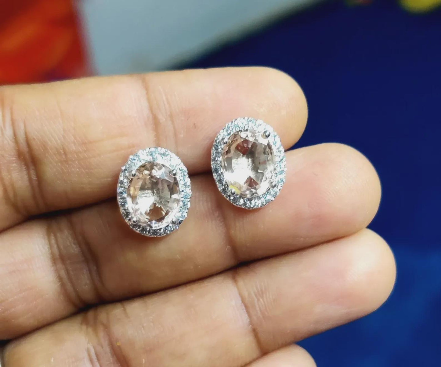 2Ct Oval Cut Simulated Morganite Cluster Halo Stud Earrings 14K White Gold Finish Sterling Silver Push Back Earrings Gift For Birthday