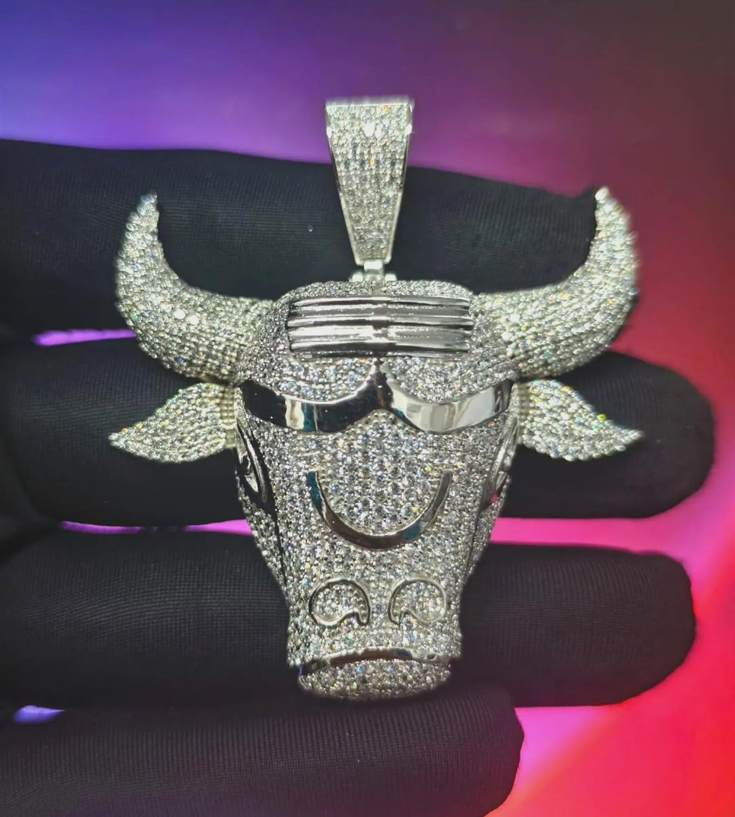 2Ct Round Cut Simulated White Diamond Bull Head Pendant 14K Yellow Gold Plated Free Chain 18" 925 Silver, Custom Hip Hop Animal Pendant