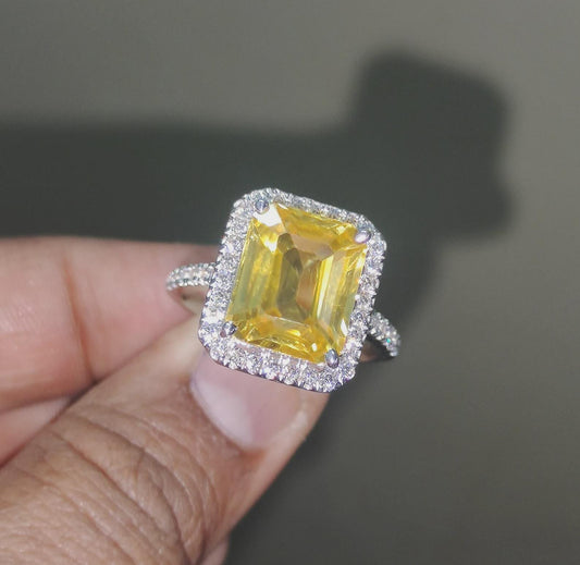 2.50Ct Emerald Cut Yellow Citrine Engagement Anniversary Promise Halo Women Engagement Wedding Band Ring 14K White Gold Over Gift For Her