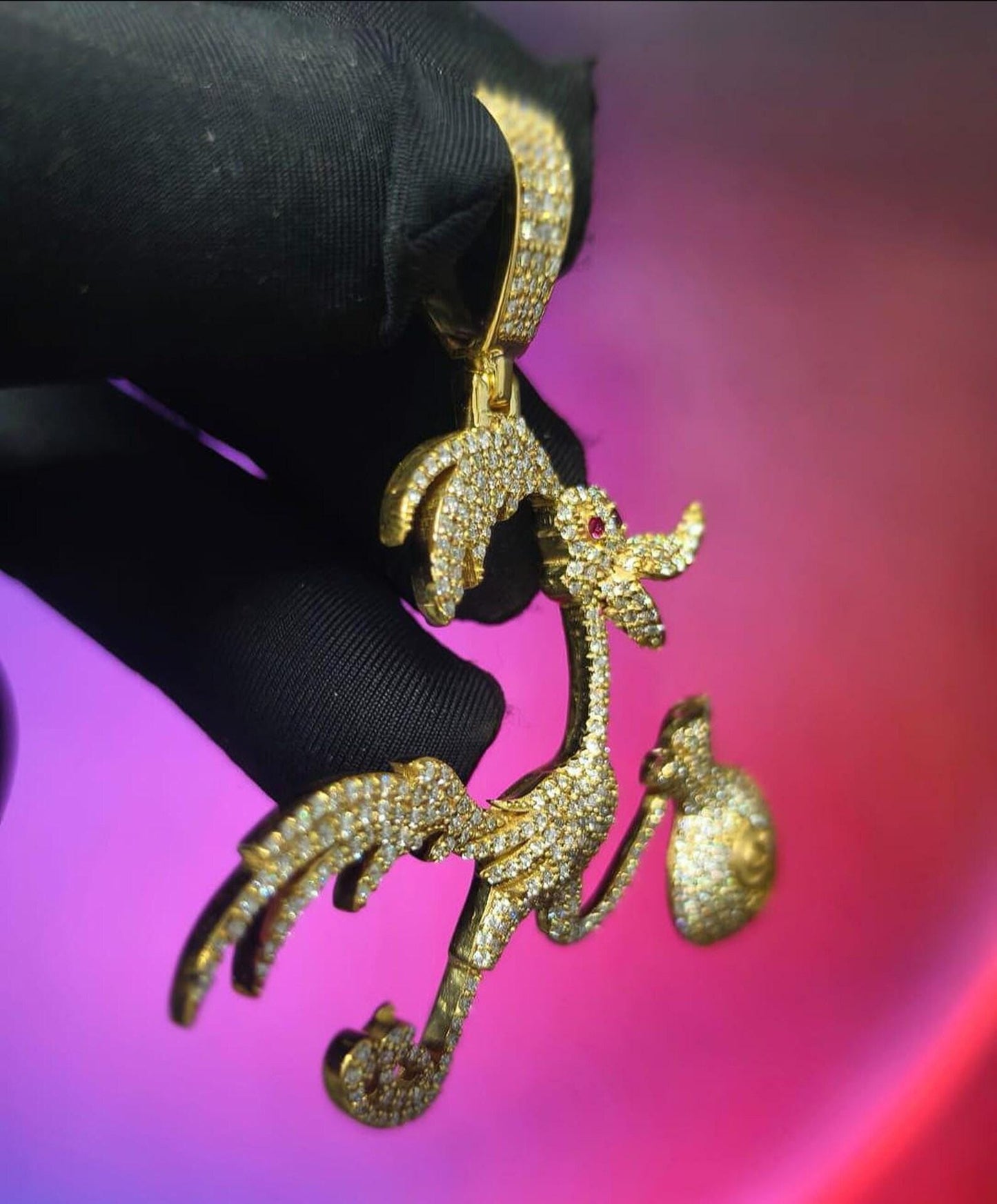 Round Cut Moissanite Duck With Money Bag Pendant Hip Hop Bird Pendant 14K Yellow Gold Plated 925 Sterling Silver Free Chain