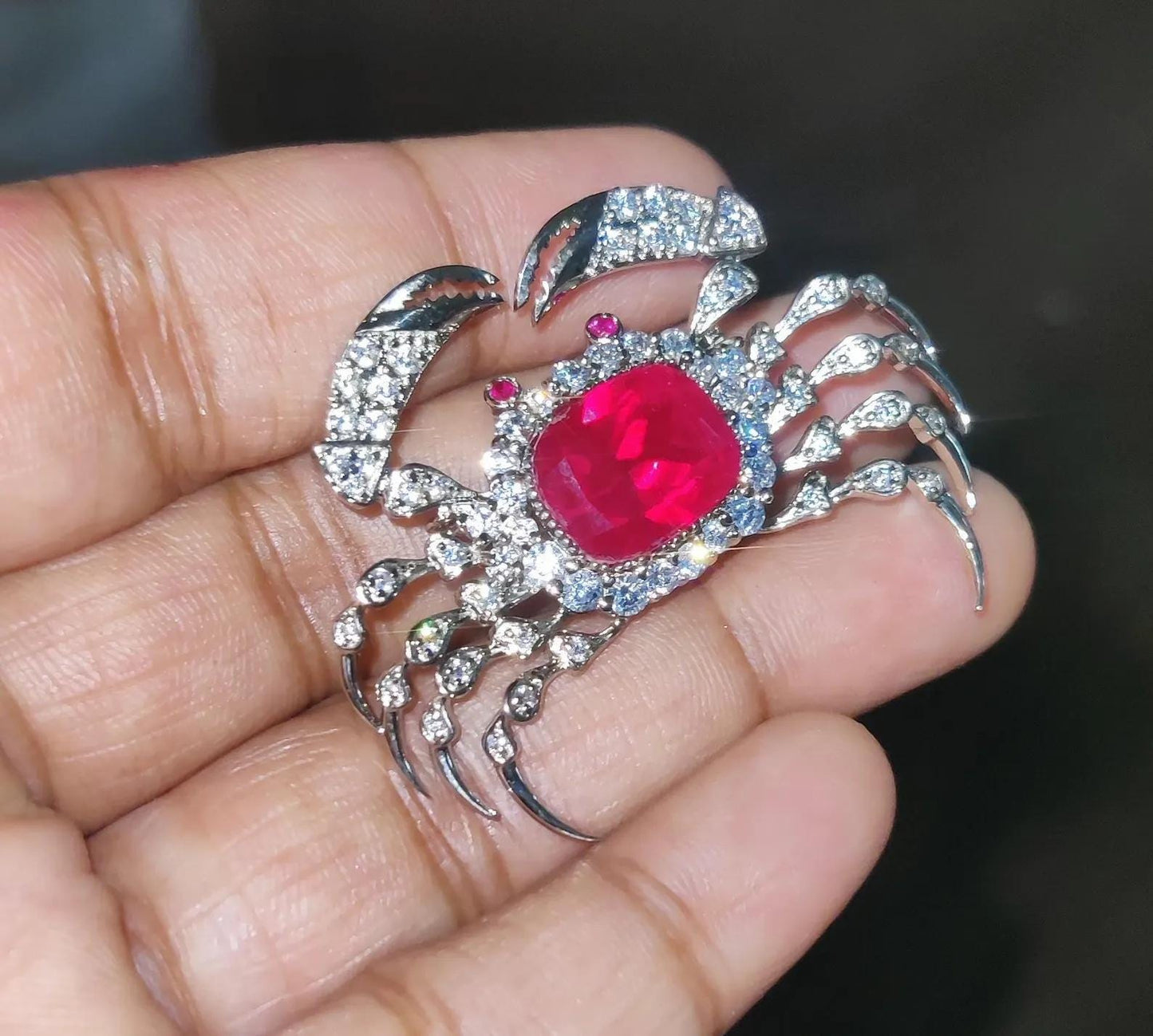 2Ct Diamond Brooch Pin, Crab Shape Brooch, Lab-Created Red Ruby Diamond 14K White Gold Plated 925 Sterling Silver, Special Occasion wear