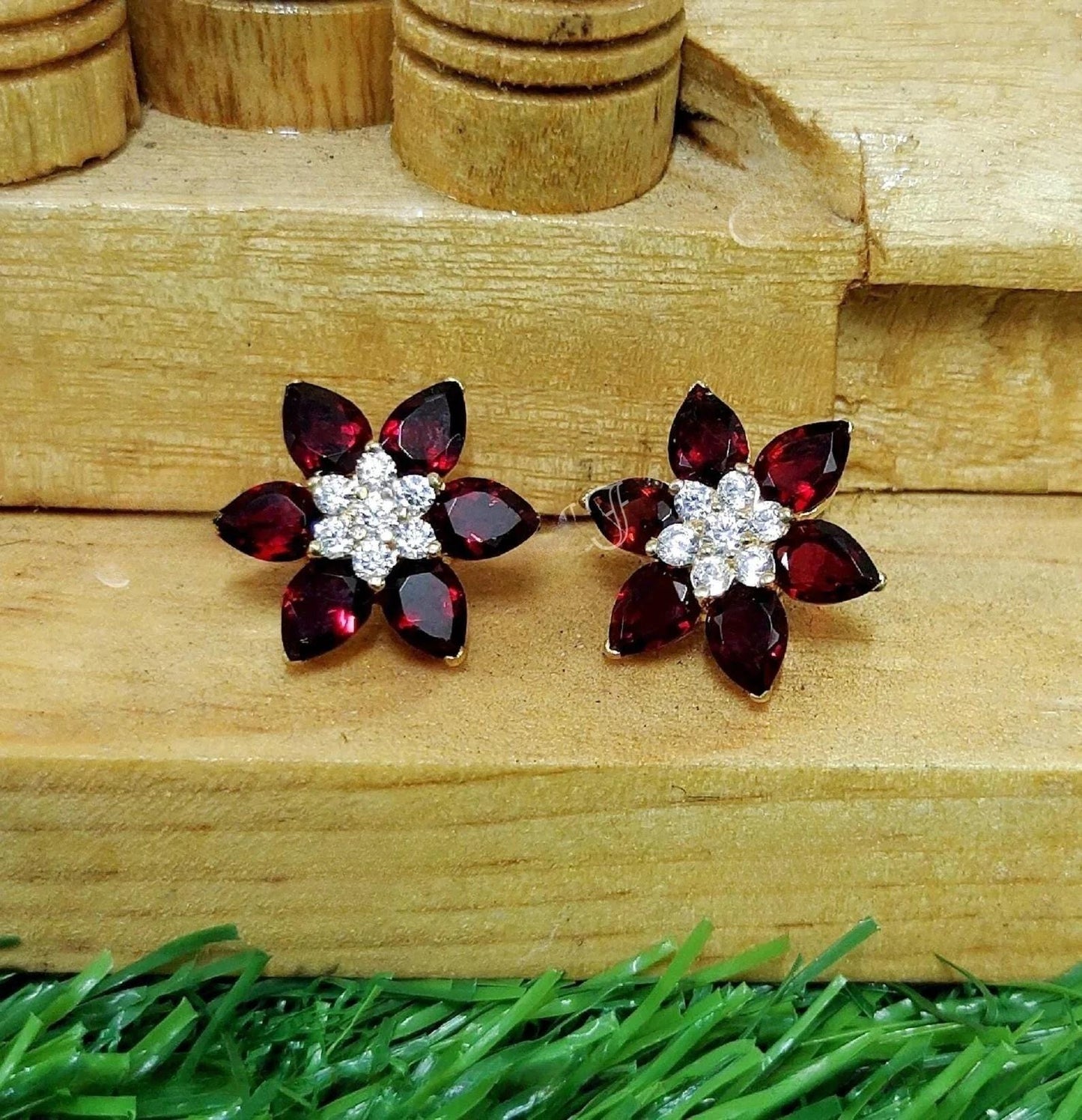 1.20Ct Red Garnet Earrings Lab-Created Pear Cut Red Garnet Cluster Flower Stud Earrings 14K Yellow Gold Finish Woman's Garnet Stud Earrings