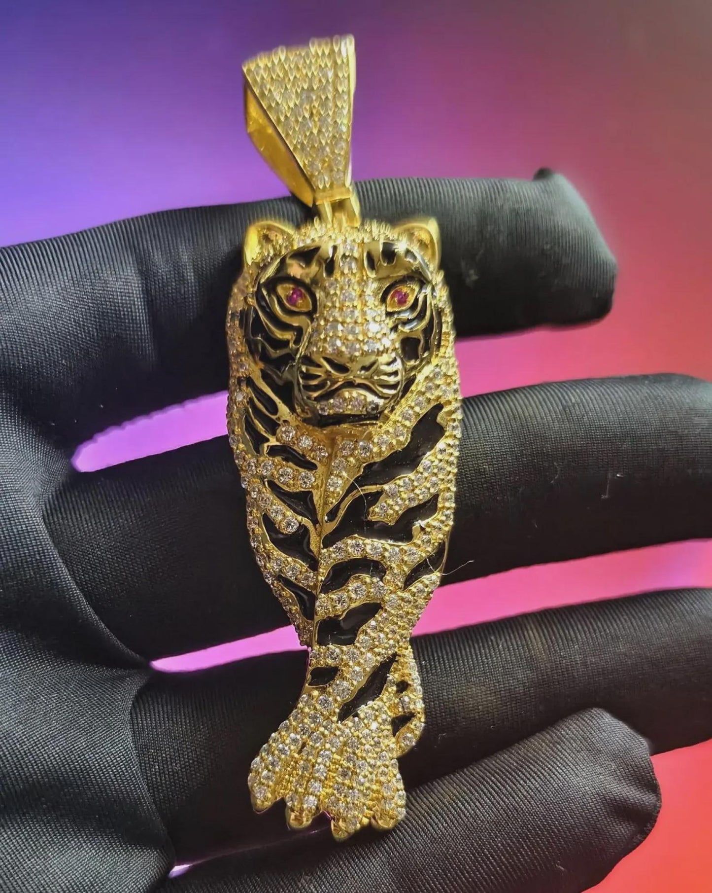 4Ct Round Cut Tiger Simulated Diamond Black Enamel Pendant Red Ruby Eye 14K Yellow Gold Plated 925 Sterling Silver, Tiger Animal Pendant