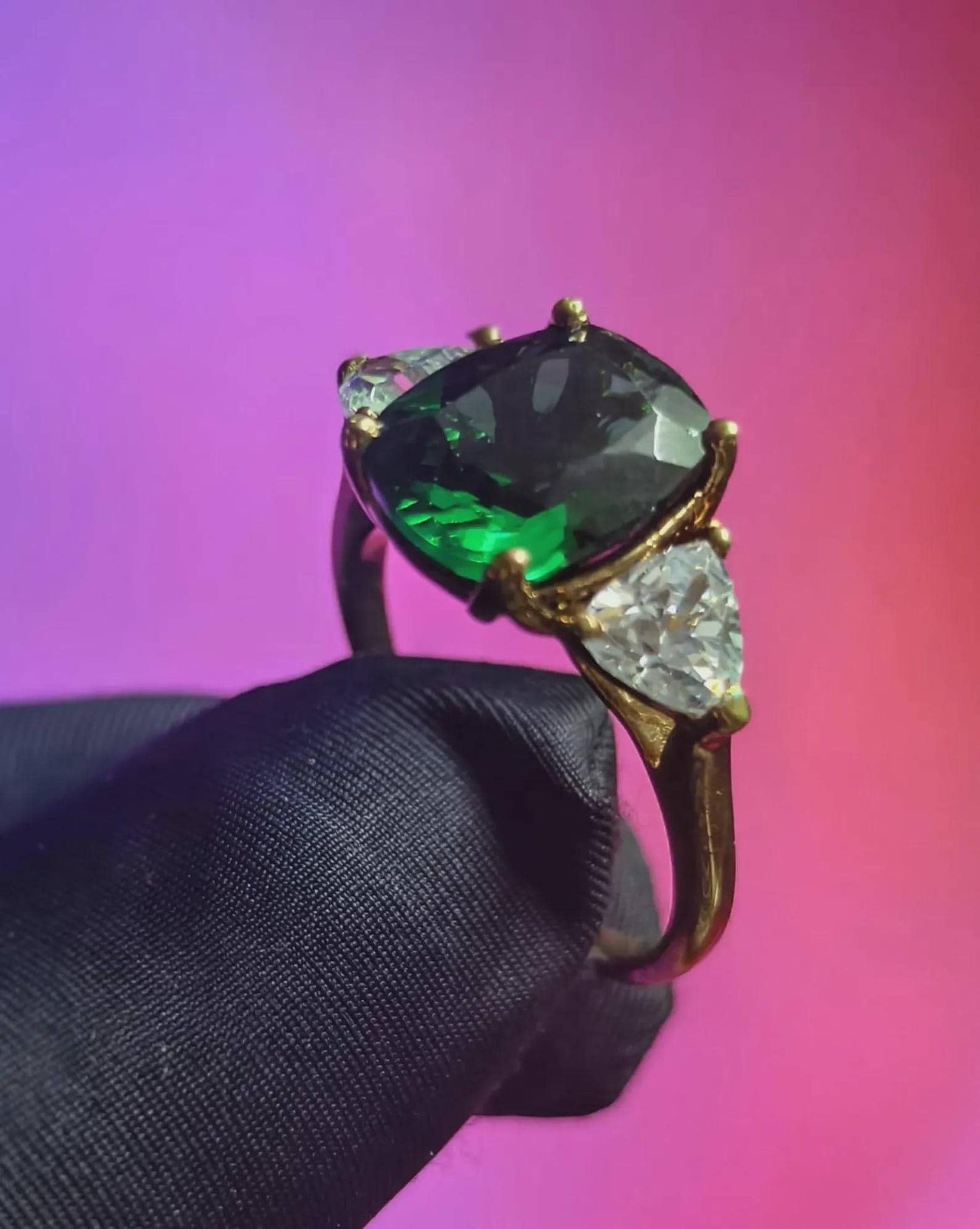 Three Stone Cushion Cut Simulated Green Emerald Diamond 14K Yellow Gold Plated 925 Sterling Silver, Anniversary Ring, Wedding Solitaire Ring