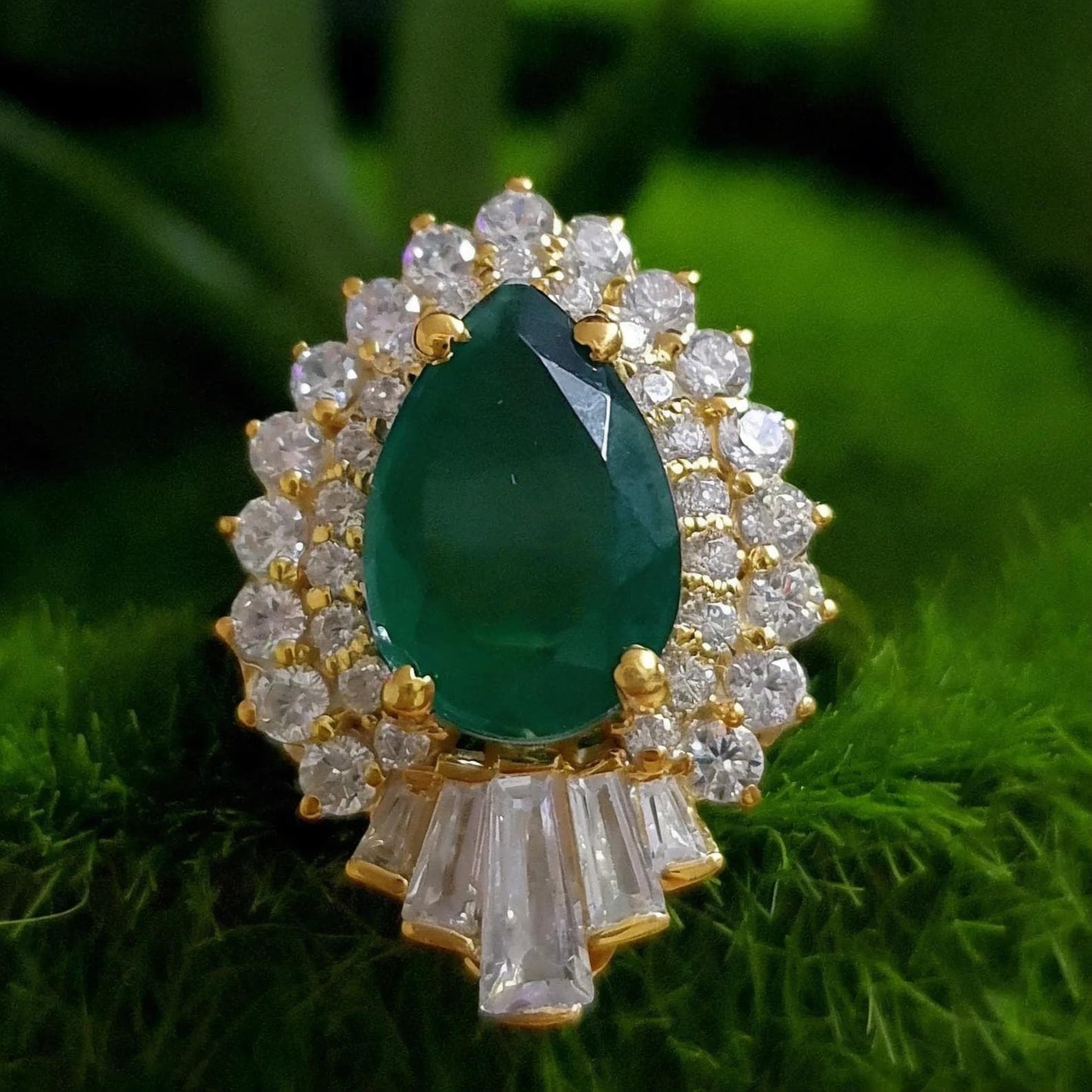 2Ct Pear Cut Emerald & Baugette Diamond Engagement Ring Yellow Gold Finish Halo Engagement Ring For Women Wedding Promise Ring For Her