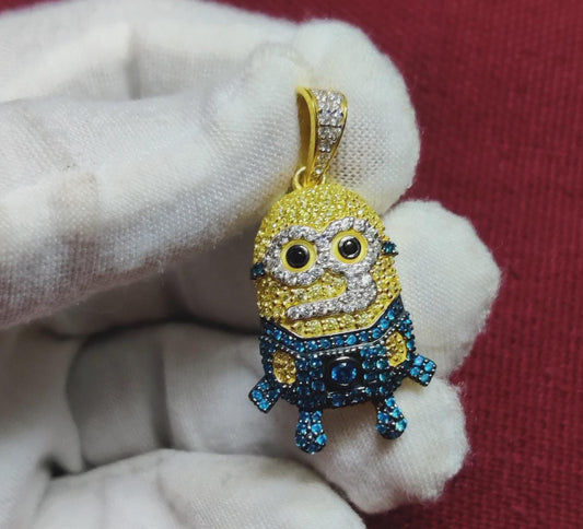 3Ct Round Cut Simulated Diamond Multi- Color Cartoon Pendant Cartoon Face 14K Yellow Gold Plated Free Chain 18" 925 Silver