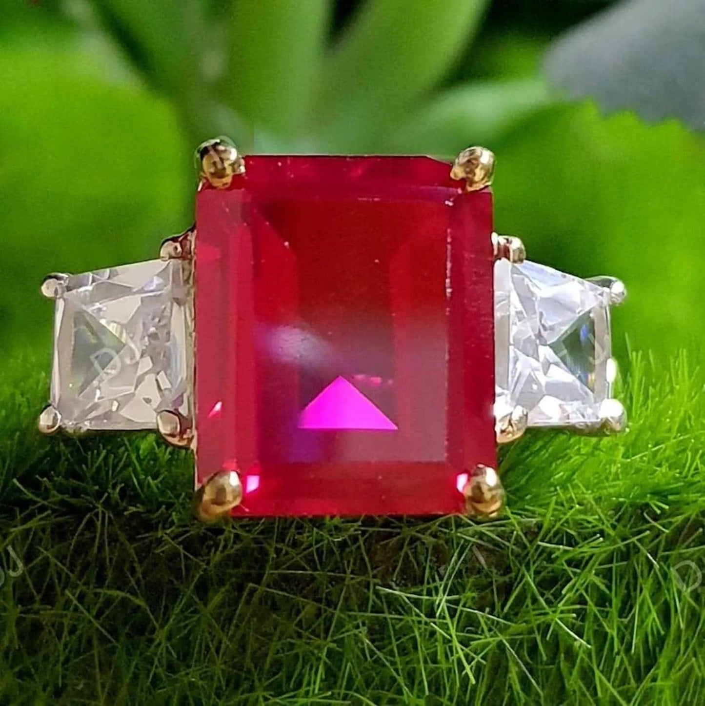 2Ct Emerald Cut Simulated Red Ruby Diamond Three Stone 14K White Gold Finish Engagement Anniversary Ring, Birthday Party Gift, Ring For Her