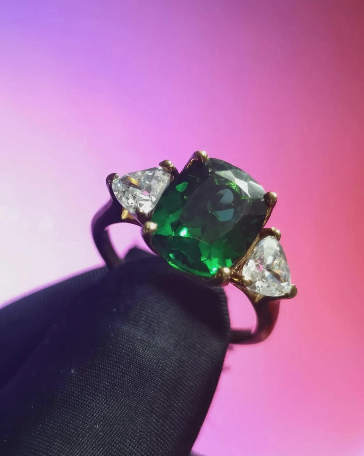 Three Stone Cushion Cut Simulated Green Emerald Diamond 14K Yellow Gold Plated 925 Sterling Silver, Anniversary Ring, Wedding Solitaire Ring