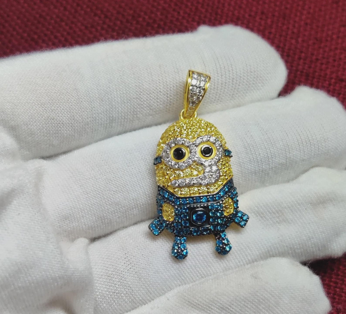 3Ct Round Cut Simulated Diamond Multi- Color Cartoon Pendant Cartoon Face 14K Yellow Gold Plated Free Chain 18" 925 Silver