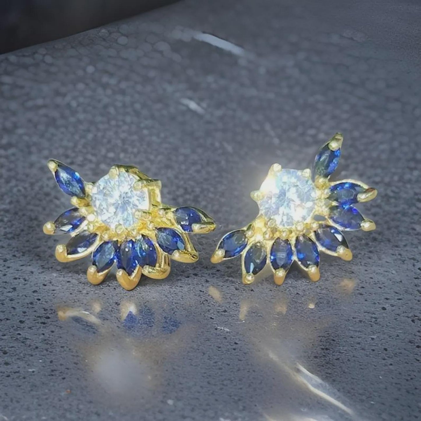 1Ct Marquise Cut Sapphire Stud Earrings Blue Sapphire Flower Stud Women's Earrings 14K Yellow Gold Plated 925 Silver Push Back Earrings