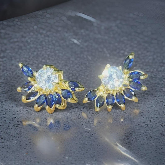 1Ct Marquise Cut Sapphire Stud Earrings Blue Sapphire Flower Stud Women's Earrings 14K Yellow Gold Plated 925 Silver Push Back Earrings