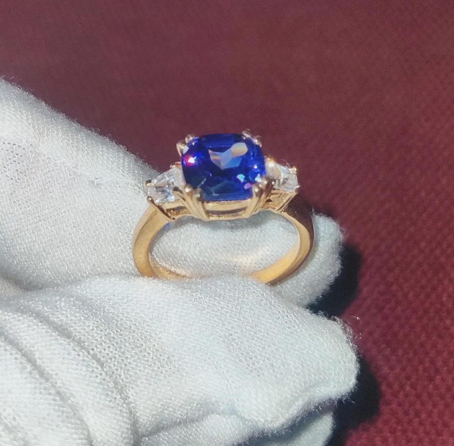 Three-Stone Tanzanite Ring Lab-Created Blue Tanzanite Wedding Engagement Ring 14K Yellow Gold Plated 925 Silver Diamond Engagement Ring