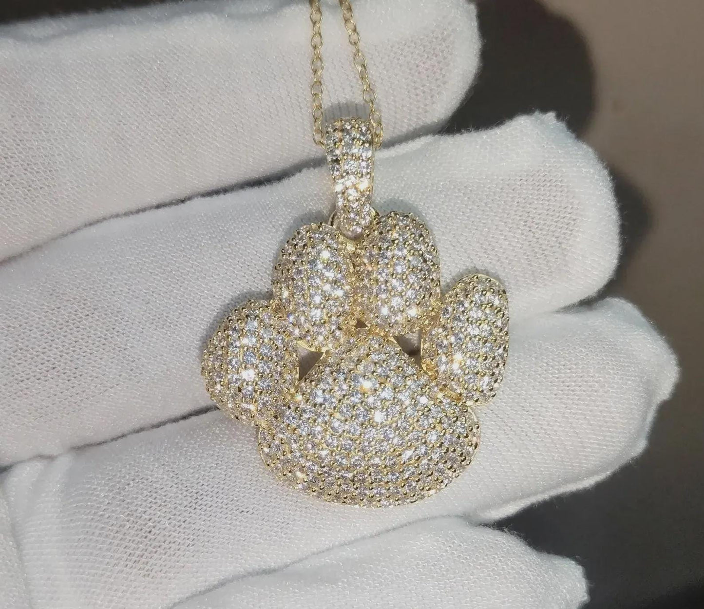 3Ct Round Cut Simulated White Diamond Dog Paw Pendant 14K Yellow Gold Finish Free Chain 925 Sterling Silver Hip Hop Dog Paw Pendant