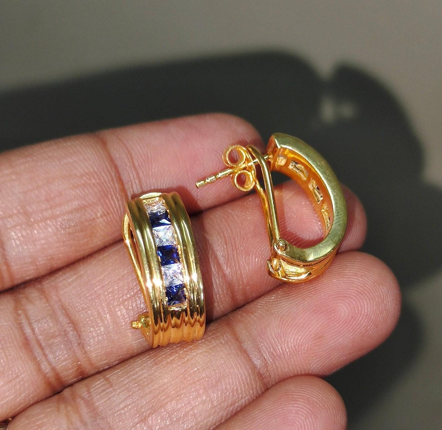 3Ct Princess Brilliant cut Blue Sapphire VVS1/D Diamond 14K Yellow Gold Finish Two Dangle Circle Hoop Huggie earrings Gift For her