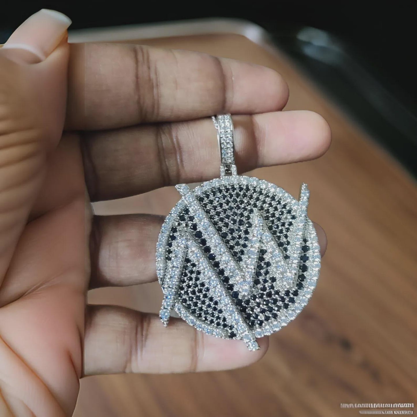 4Ct Diamond Round Cut Lab-Created Black Diamond Cluster AW Circle Pendant 14K White Gold Finish Hip Hop Alphabet Circle Diamond Pendant
