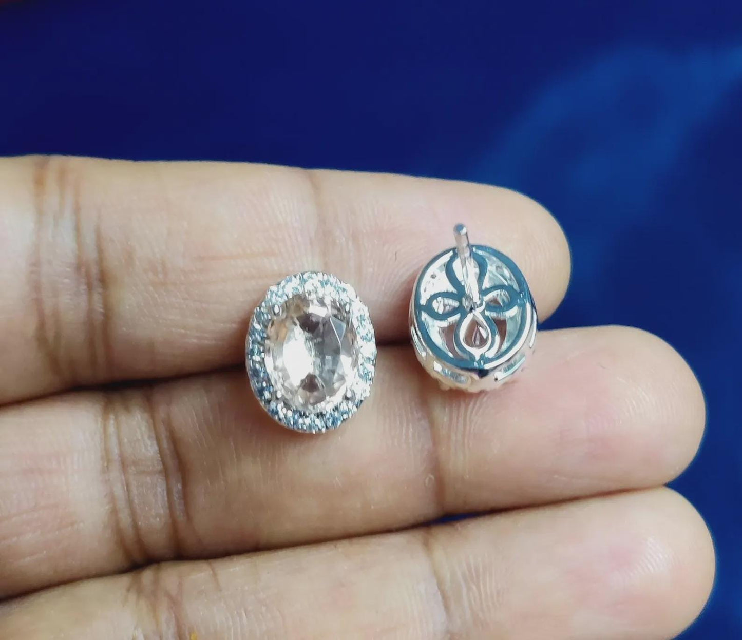 2Ct Oval Cut Simulated Morganite Cluster Halo Stud Earrings 14K White Gold Finish Sterling Silver Push Back Earrings Gift For Birthday