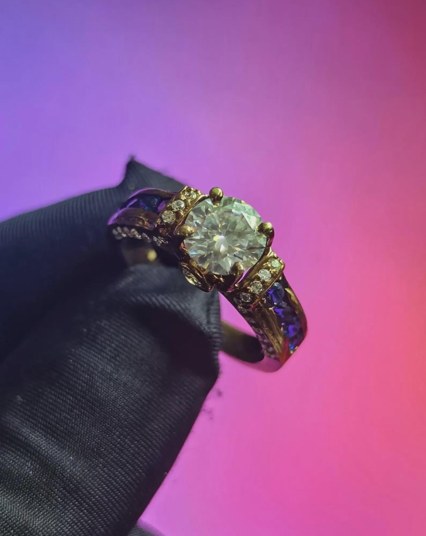 Round Cut Simulated Diamond & Blue Tanzanite Solitaire Engagement Ring  14K Yellow Gold Plated, Silver, Anniversary Ring, Wedding Band Ring