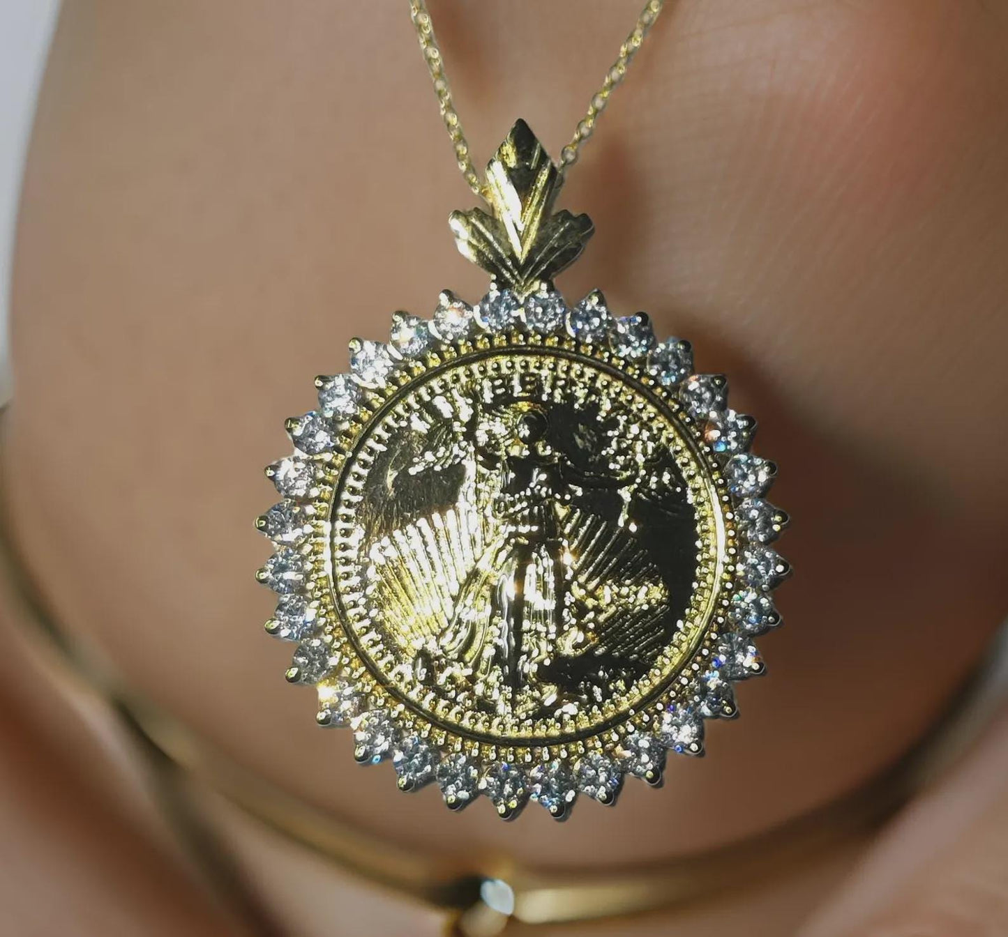 1Ct Round Cut Moissanite Pendant Liberty Dollar Coin Pendant Necklaces Pendant 14K Yellow Gold Finish Moissanite Liberty Pendant