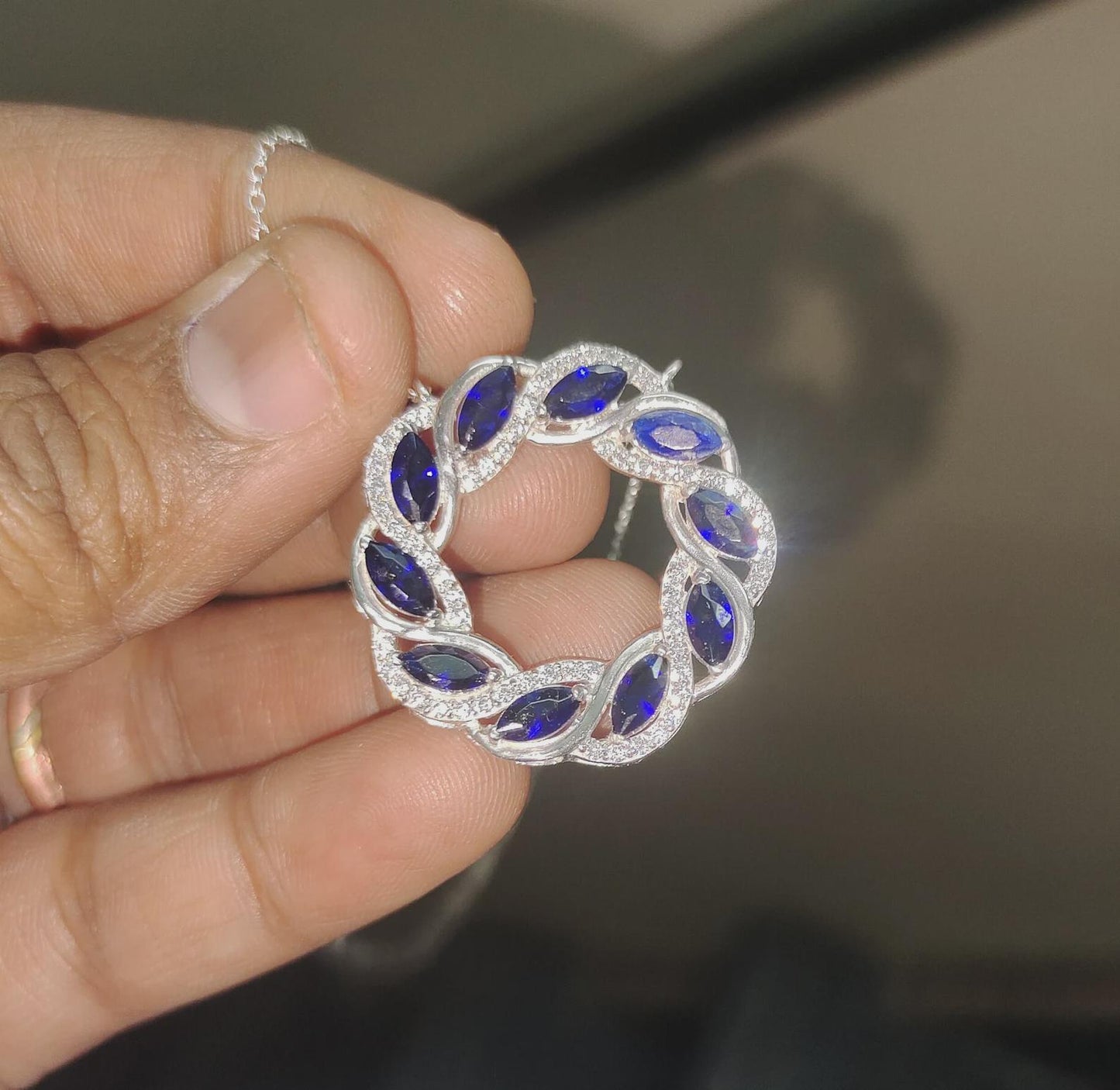 2Ct Marquise Cut Blue Sapphire & VVS1/D Diamond Circle Pendant Necklace 14k White Gold Plated Birthday Gift for Her Free Chain