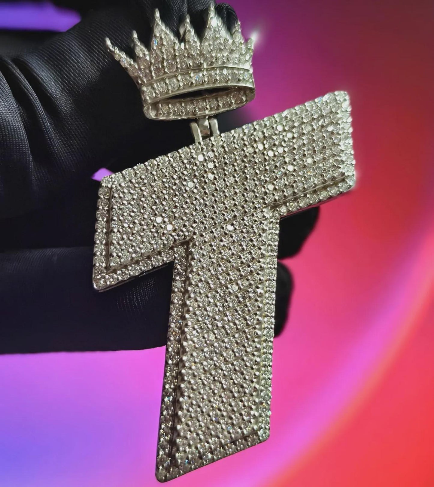 3Ct Round Cut Diamond Custom Letter Crown Simulated Diamond Pendant 14K White Gold Plated 925 Silver Customized Letter Hip Hop Pendant