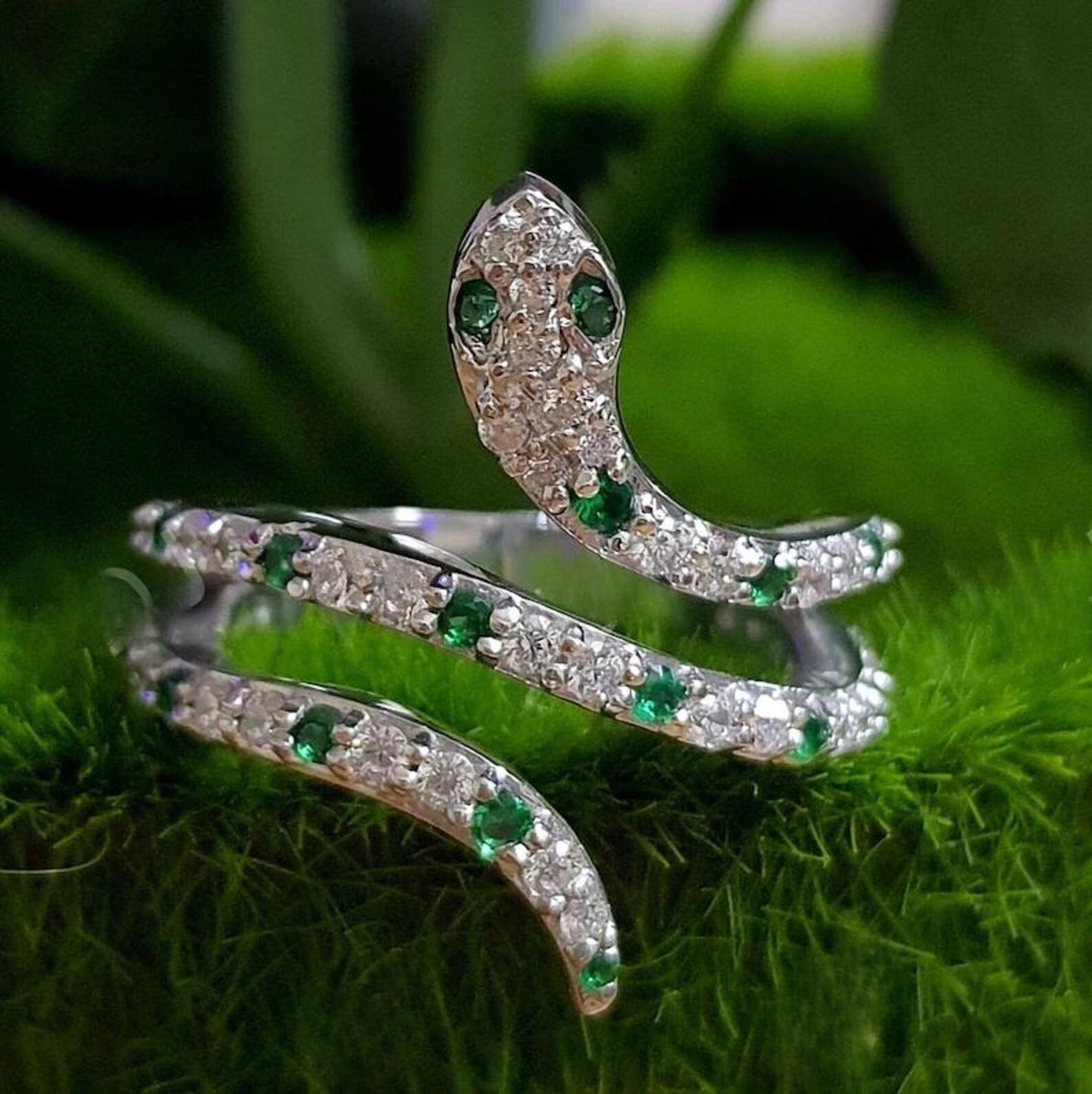 0.50Ct Round Cut Green Emerald VVS1 Diamond Solitaire Engagement Snake Women's Ring 14K White Gold Finish Gift For Her, Birthday Gift