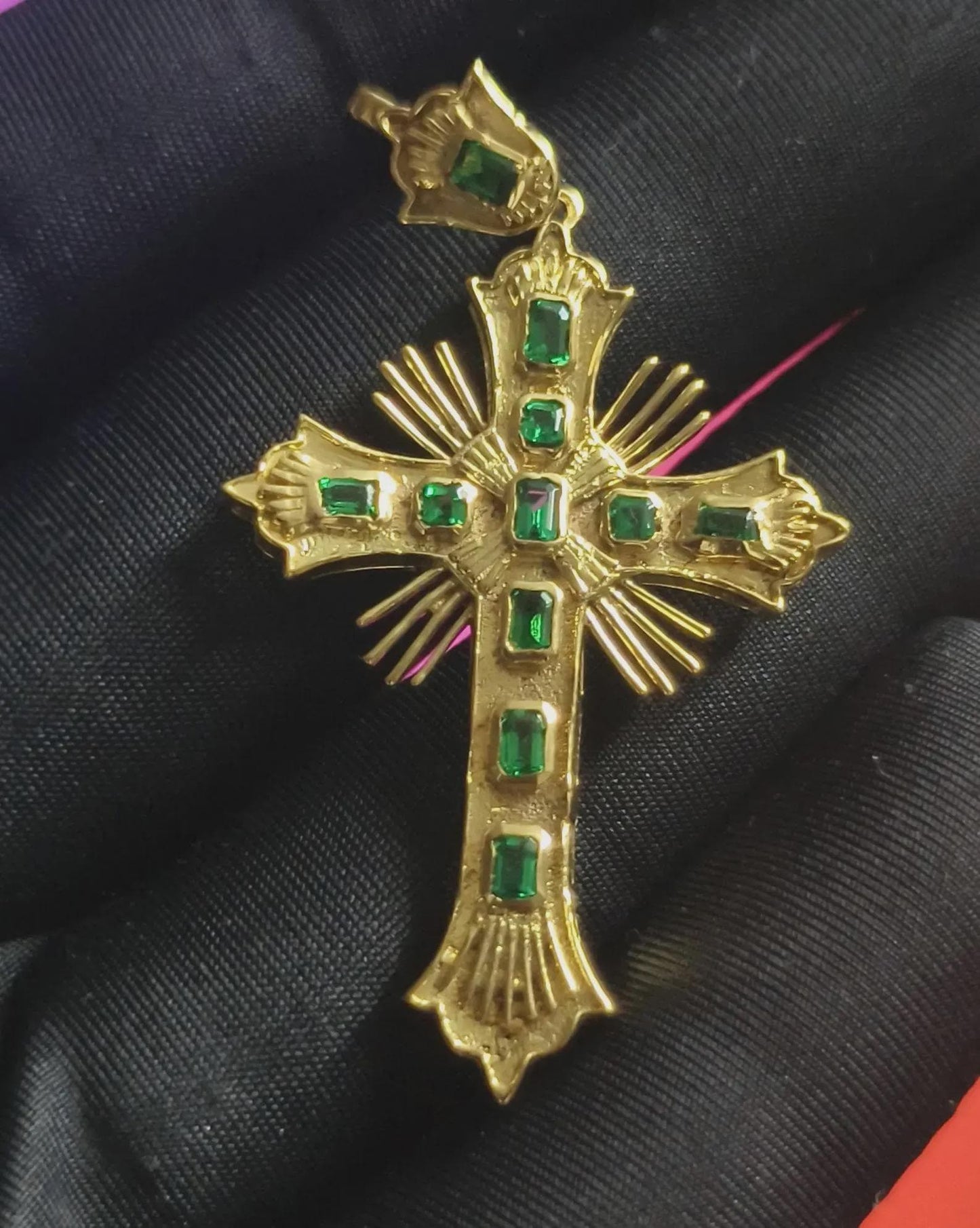 Emerald Cut Cross Pendant Simulated Green Emerald Diamond Pendant 4K Yellow Gold Plated 925 Sterling Silver, Religious Christmas Pendant