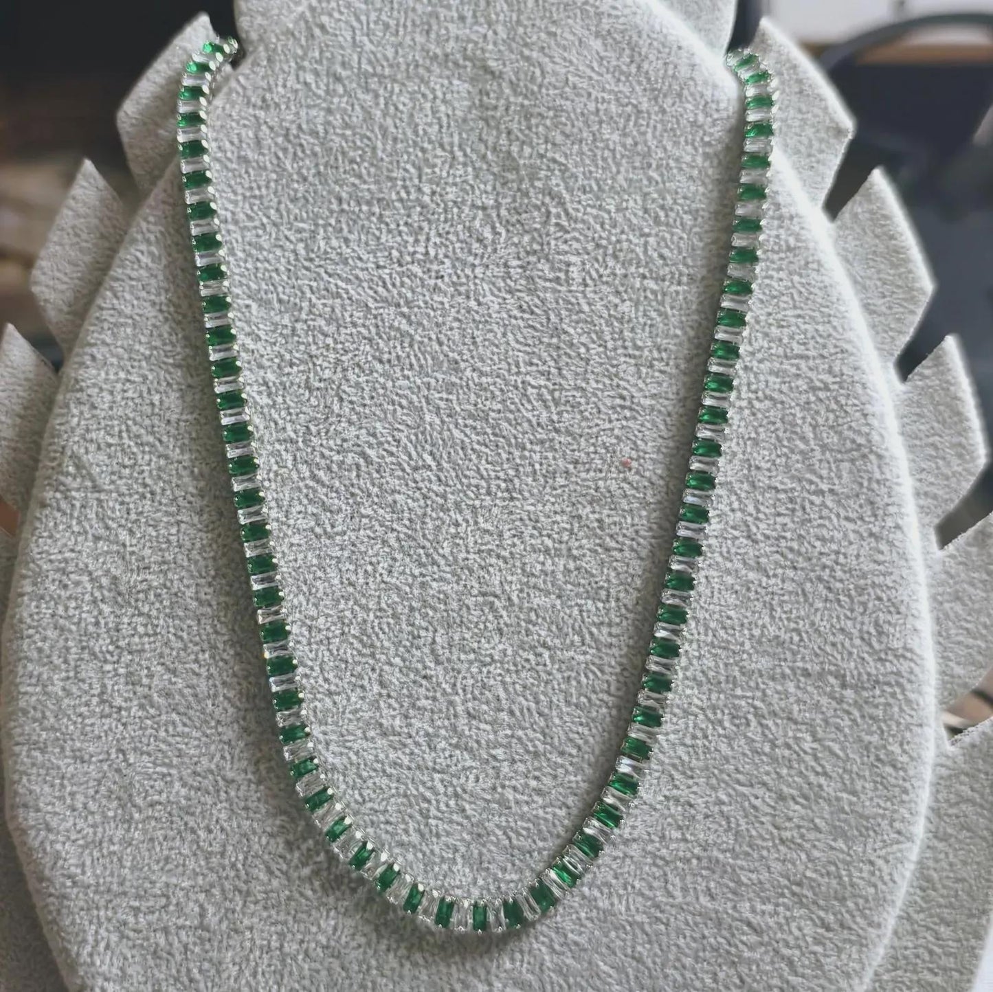 14Ct Radiant And Baguette Cut Emerald Lab-Created Gemstone Tennis Necklace 14K White Gold Plated Necklace Tennis Chain Necklace Size 19"