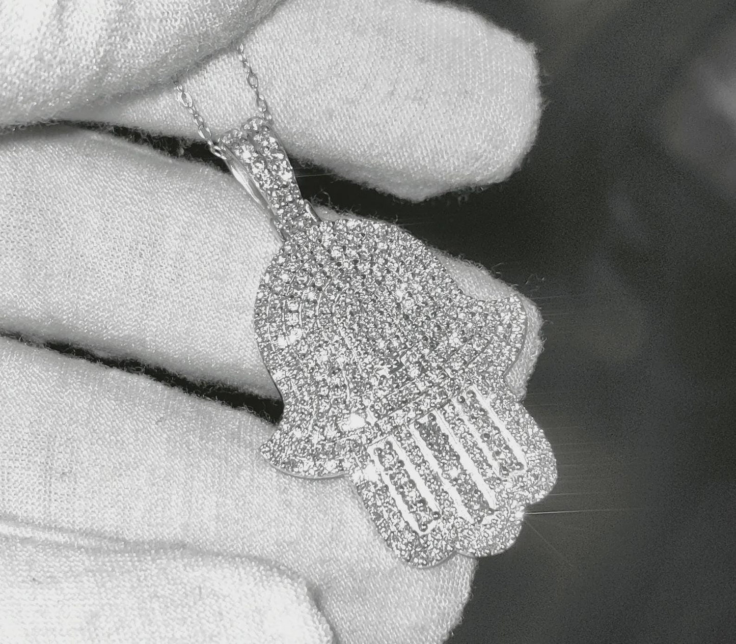 2Ct Round Cut Simulated White Diamond Hamsa Pendant  14K White Gold Finish Free Chain 925 Sterling Silver