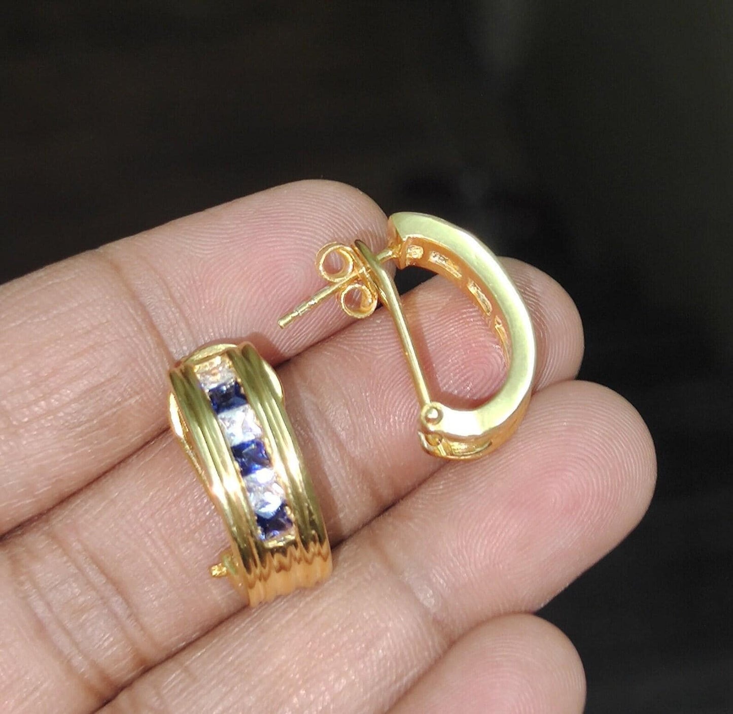 3Ct Princess Brilliant cut Blue Sapphire VVS1/D Diamond 14K Yellow Gold Finish Two Dangle Circle Hoop Huggie earrings Gift For her