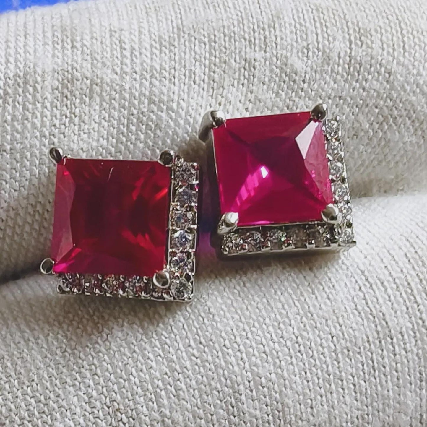 3Ct Princess Brilliant Cut Red Ruby VVS1 Diamond 14K White Gold Finish Halo Cluster Stud Earrings Gift For her ,Birthday Gift, Special Gift