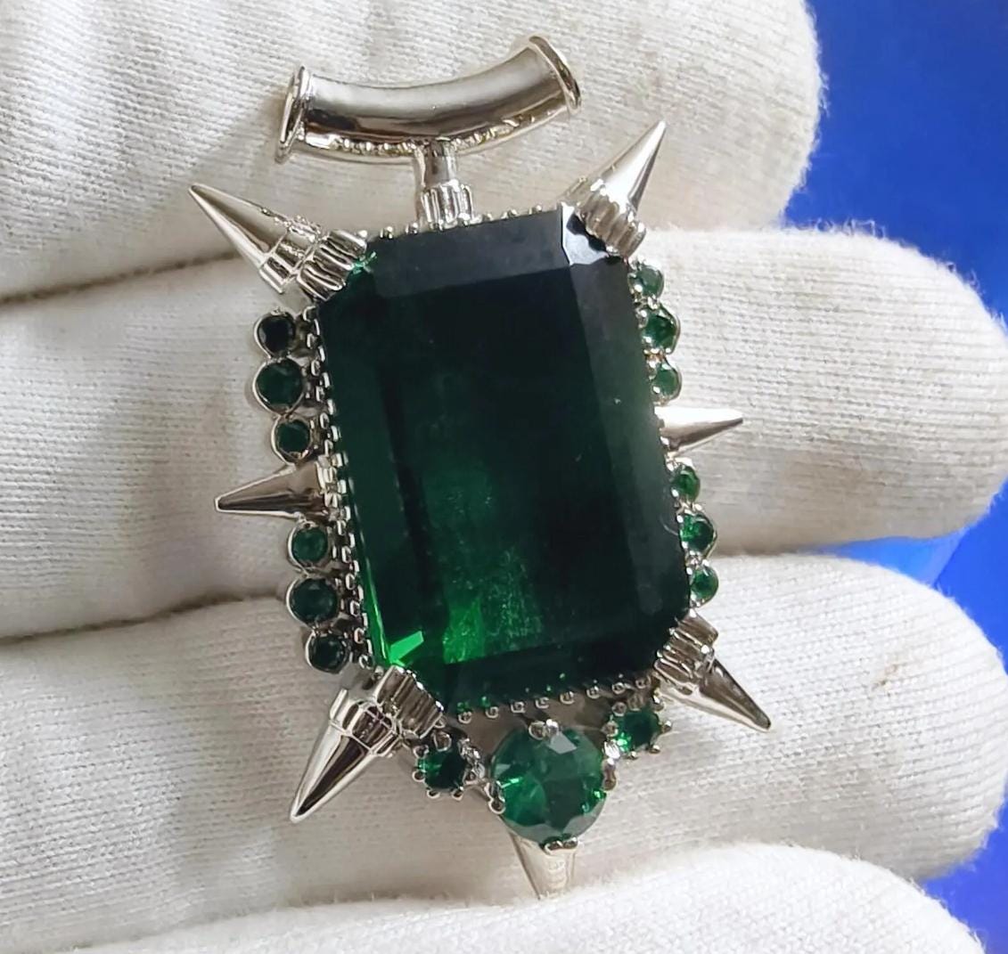 2Ct Emerald Cut Simulated Green Emerald Halo Pendant Necklace 14K White Gold Finish - 925 Sterling Silver