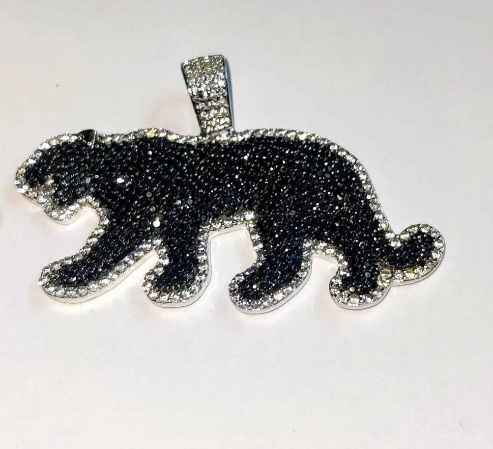 3Ct Round Cut Simulated Black Diamond Panther Pendant 14K White Gold Plated Black - 925 Silver