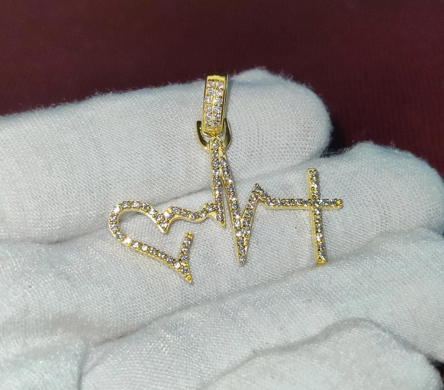 1.50Ct Diamond Round Cut Simulated Diamond Pendant, Love Heartbeat Pendant 14K Yellow Gold Finish 925 Sterling Silver Birthday Party Pendant