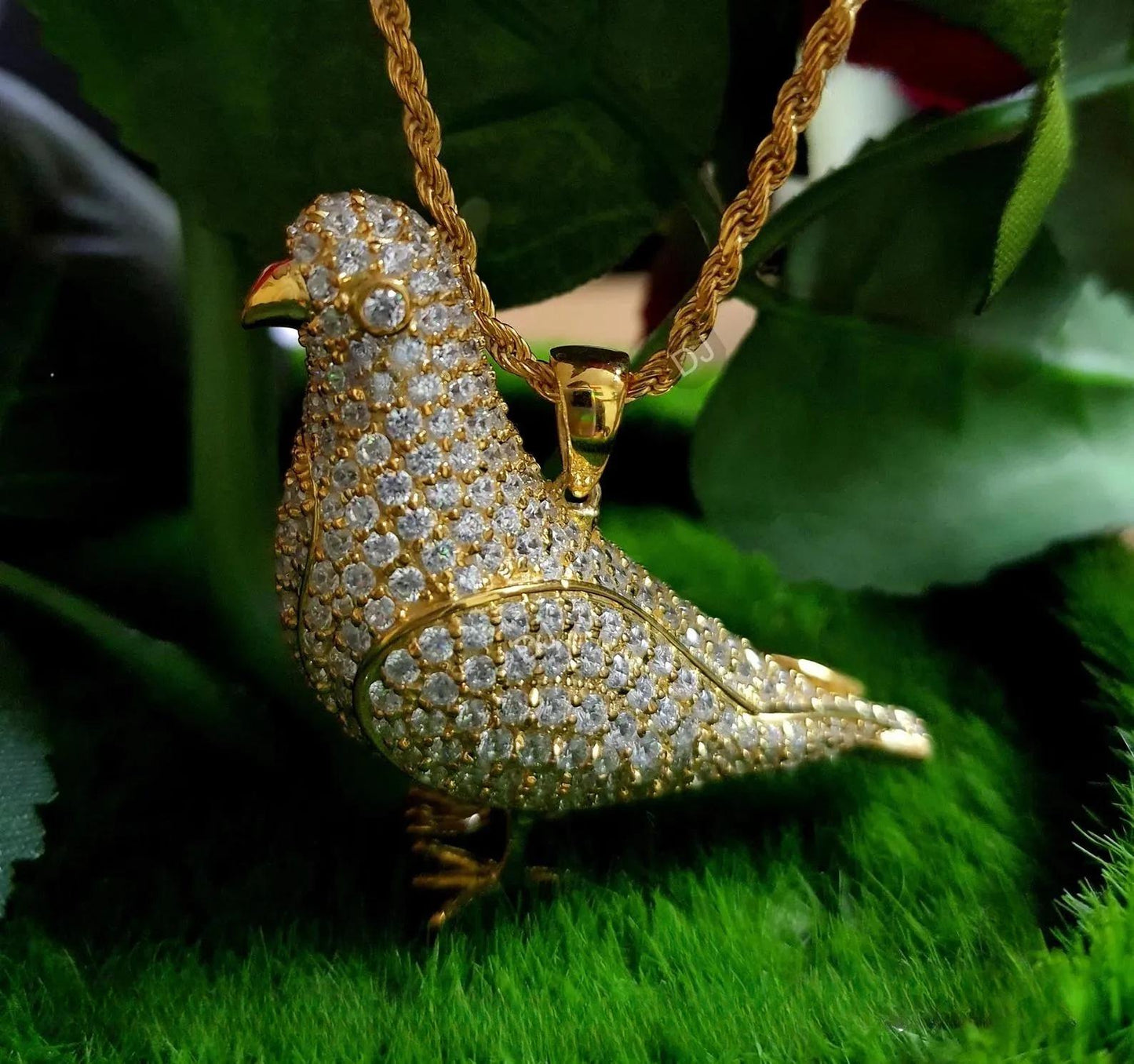 14k Yellow Gold Finish Pendant. Custom Made Bird Pendant Round cut Simulated Diamond Yellow Gold Plated Bird Pendant Free Chain