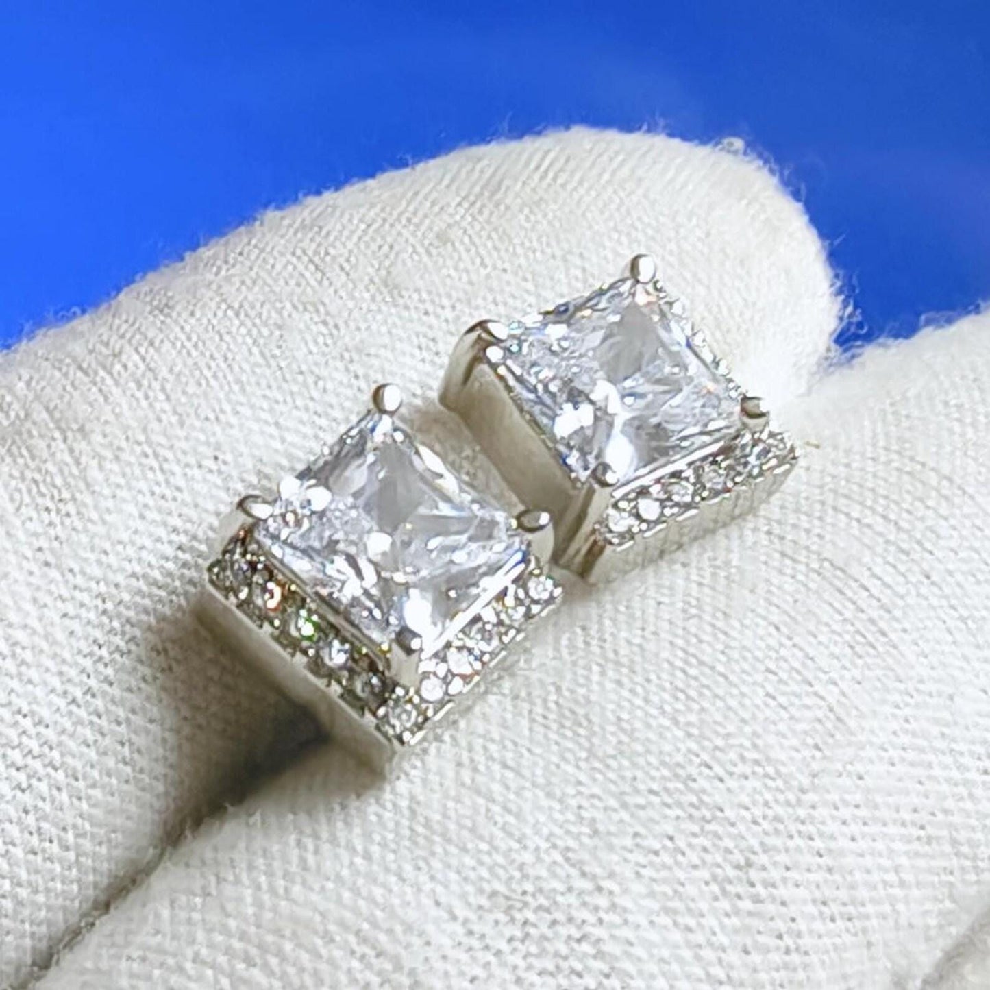 4Ct Princess Cut Moissanite Halo Stud Earrings 14K White Gold Finish 925 Silver Stud Earrings