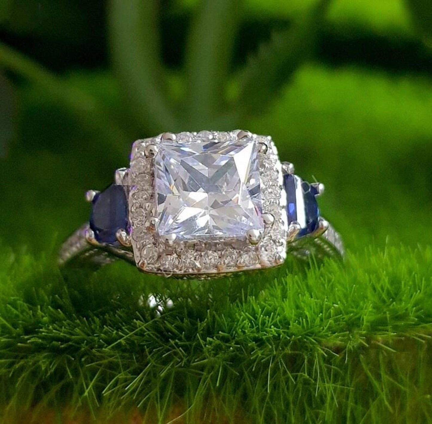 2Ct Princess Cut Halo Simulated Diamond Solitaire Engagement Anniversary Ring 14K White Gold Finish 925 Sterling Silver Wedding Gift For her