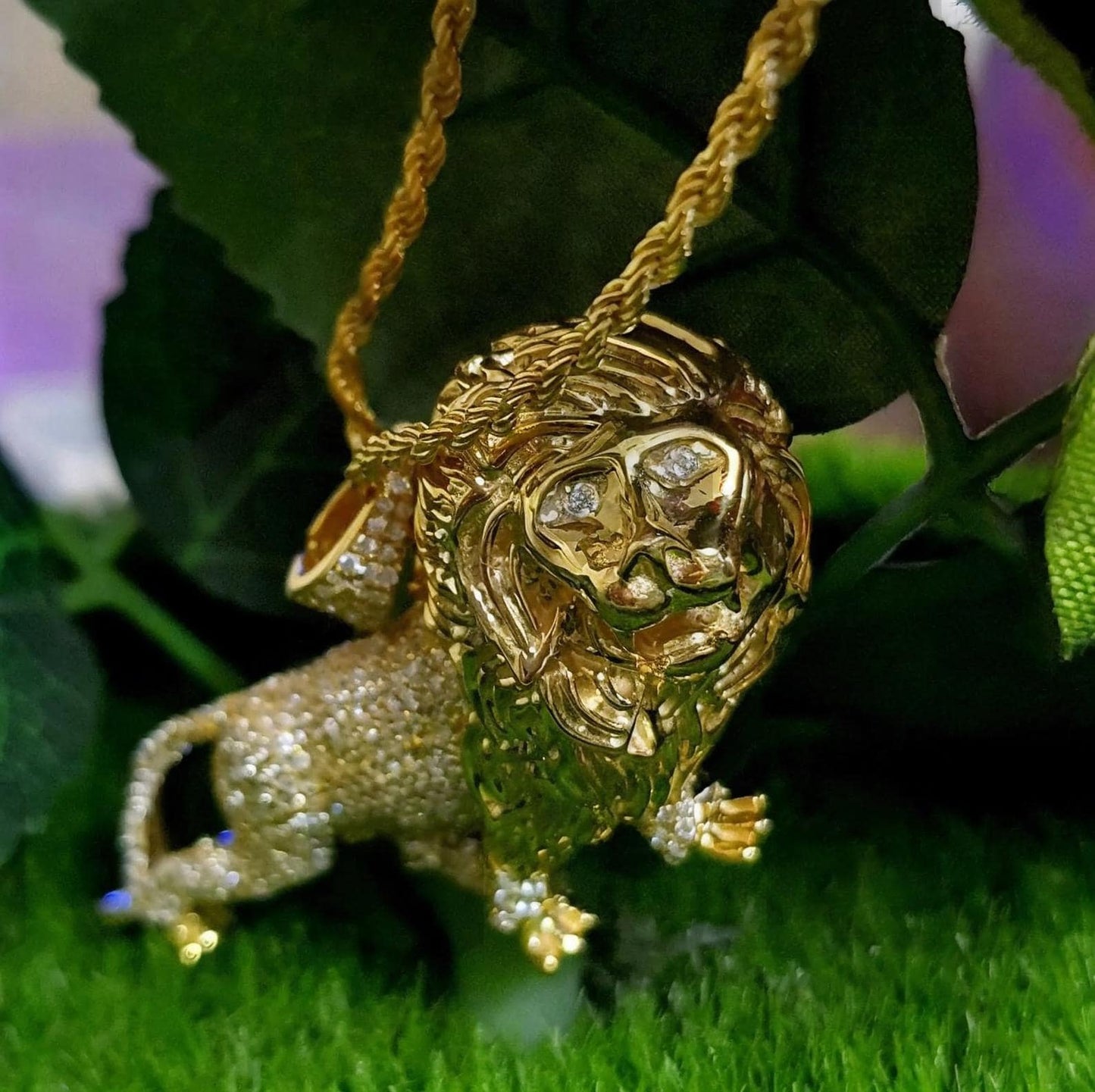 Round cut Custom Made King Lion Pendant Simulated Diamond , King Lion Hip Hop Multi Stone Pendant Free Chain 14k Yellow Gold Finish Pendant.